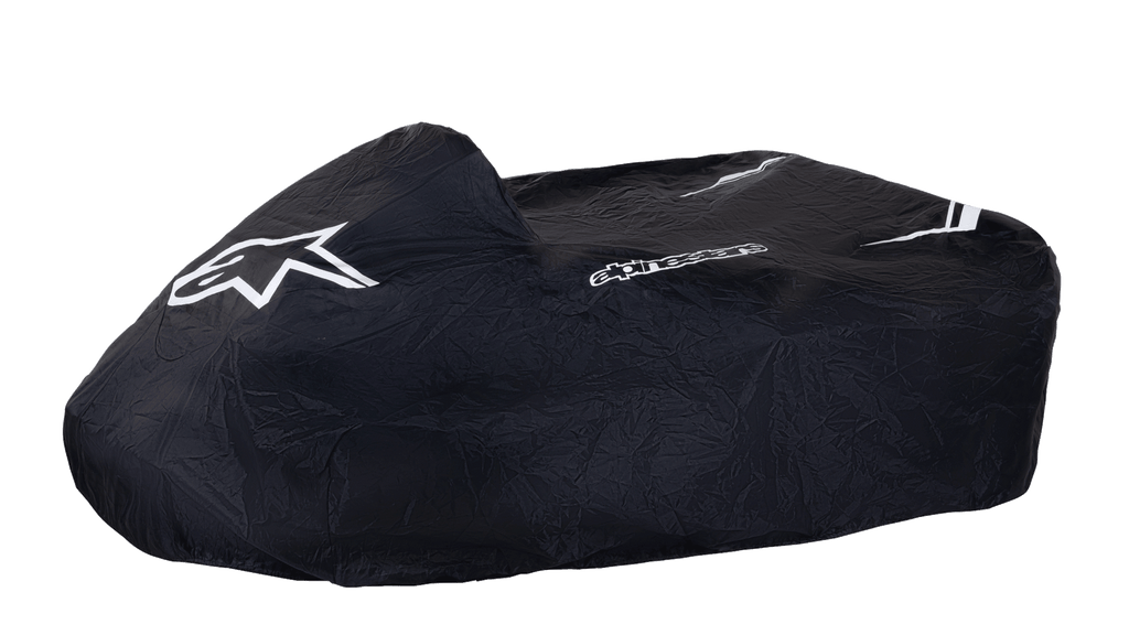 Alpinestars Kart Cover, zwarte karthoes, voorzien van wit Alpinestars sterlogo en woordmerk, duurzame weerbestendige stof met witte streepaccenten, gestructureerd ontwerp voor bescherming in de paddock