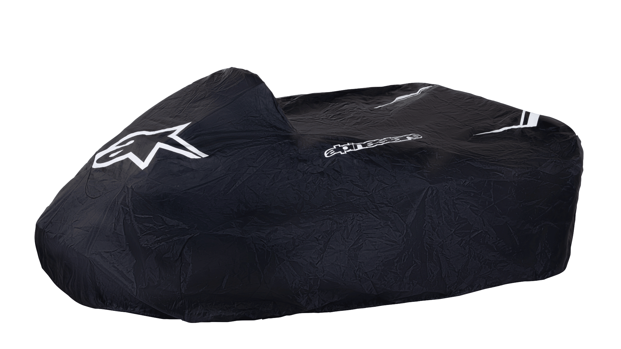 Alpinestars Kart Cover, zwarte karthoes, voorzien van wit Alpinestars sterlogo en woordmerk, duurzame weerbestendige stof met witte streepaccenten, gestructureerd ontwerp voor bescherming in de paddock