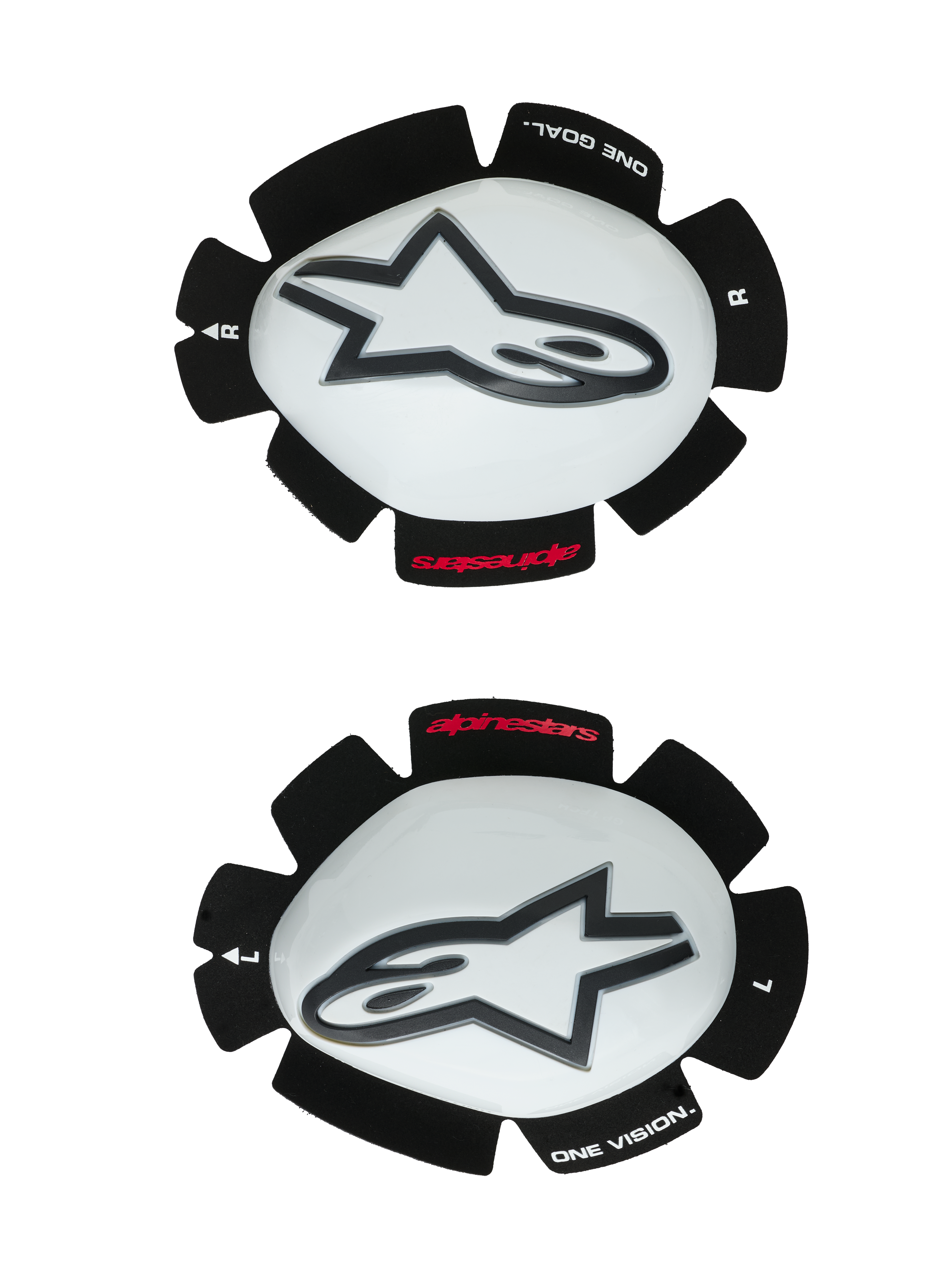 Alpinestars GP Tech kniesliders, motor kniebeschermers, wit en zwart, set van linker- en rechtersliders met witte plastic schalen en zwarte Astar-logo's, klittenband achterkant met 'ONE GOAL ONE VISION' tekst, hoogwaardige race-uitrusting