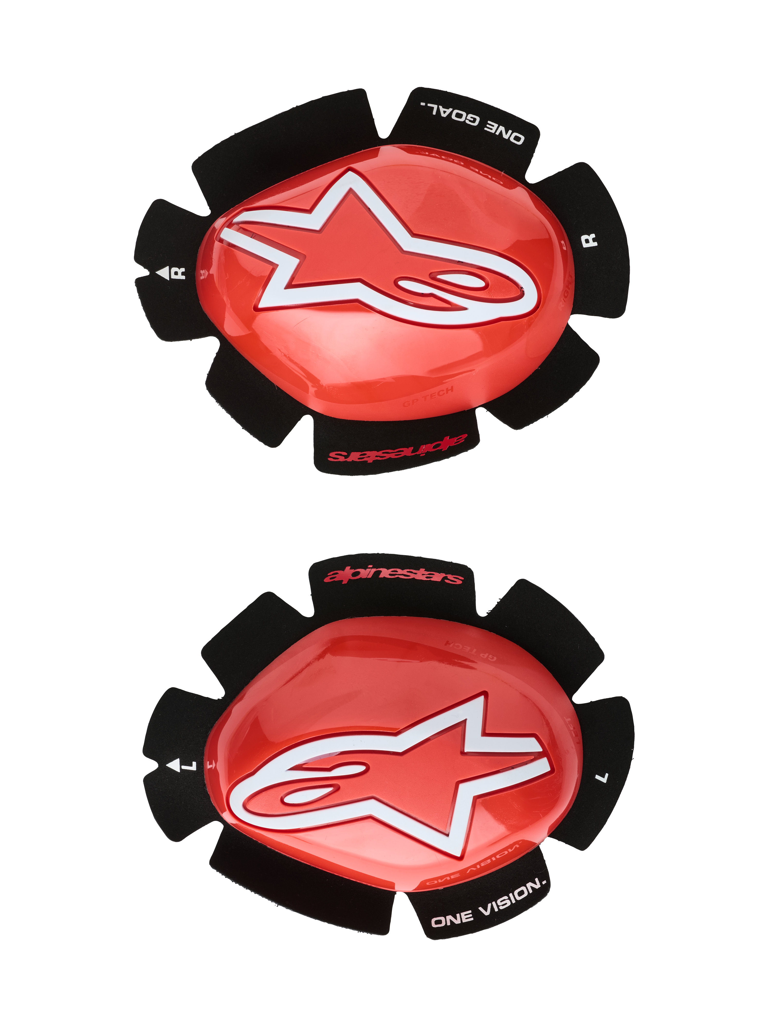 Alpinestars GP Tech kniesliders, rood en wit, motorrace kniebeschermers, groot wit sterlogo op glanzend rood kunststof, 'ONE GOAL. ONE VISION.' tekst op zwarte bloemblad-vormige klittenband bevestiging, set van links en rechts voor circuitgebruik