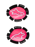Alpinestars GP Plus Knee Slider, Motorcycle Racing Knee Sliders, Pink Fluo and White, set of left and right sliders, glossy pink surface with white star logos, black backing featuring 'One Goal One Vision' text, durable plastic construction for track and road use
