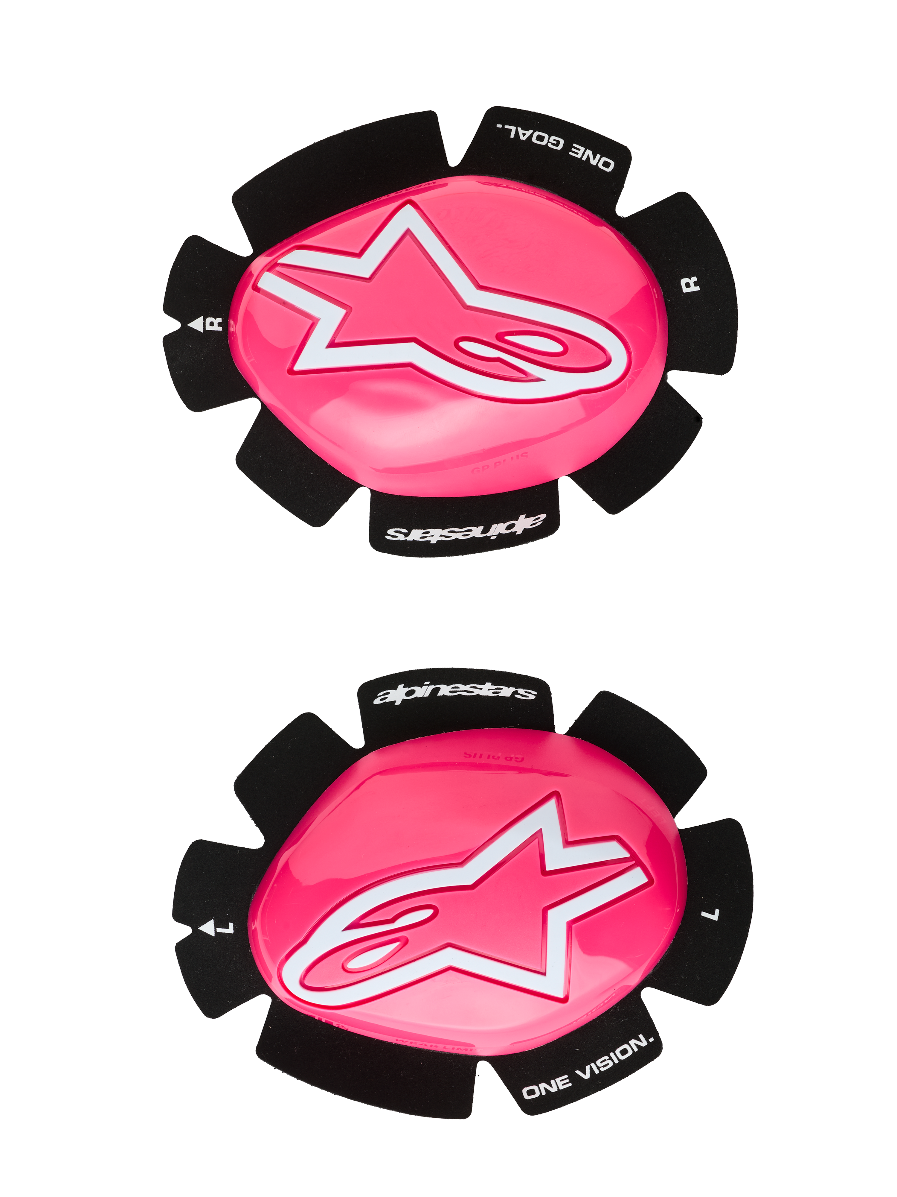 Alpinestars GP Plus kniesliders, motorrace-kniesliders, fluo roze en wit, set van linker- en rechtersliders, glanzend roze oppervlak met witte sterlogo's, zwarte achterzijde met de tekst 'One Goal One Vision', duurzame kunststof constructie voor gebruik op het circuit en de weg