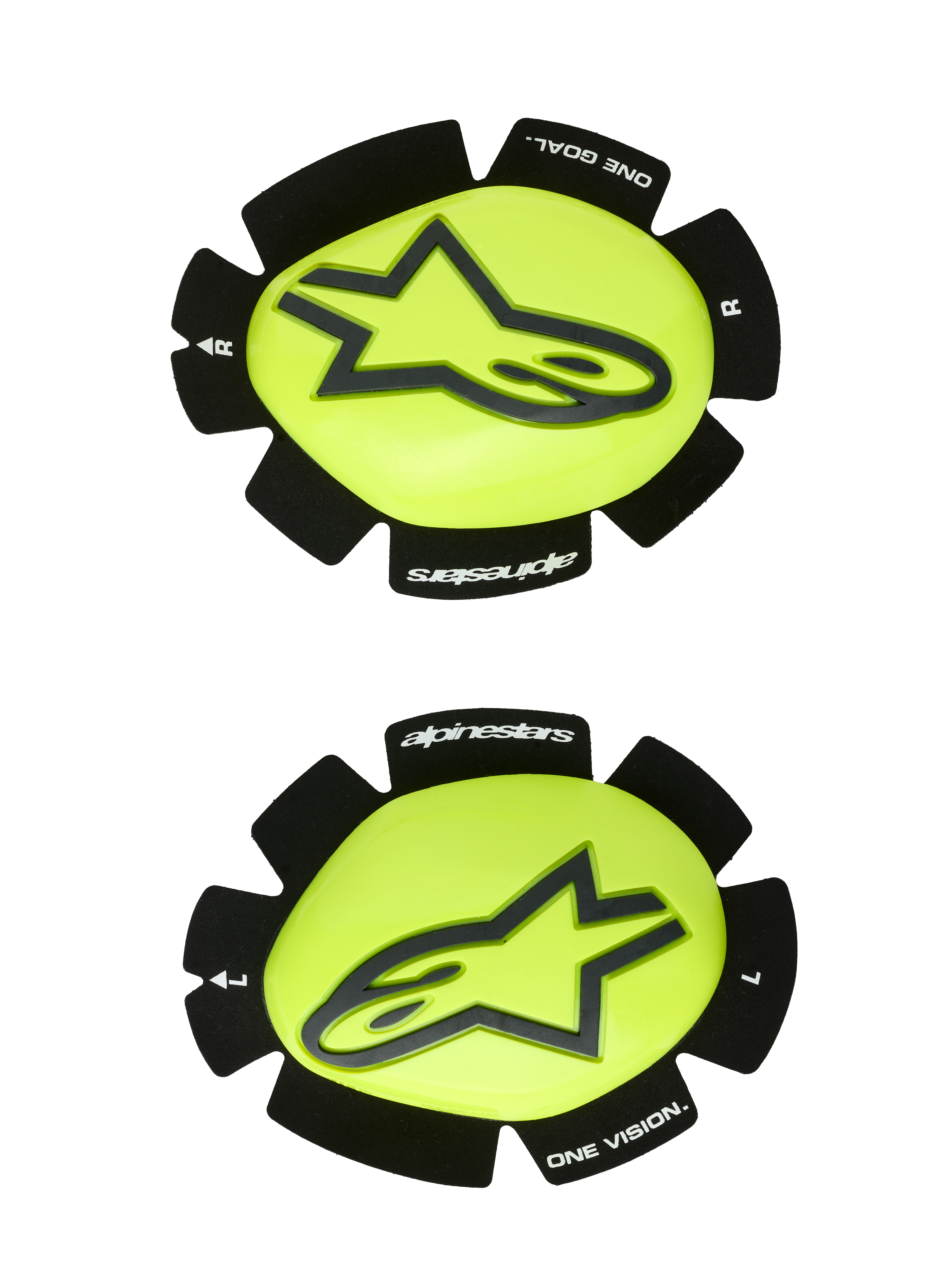 Alpinestars GP Plus kniesliders, motorrace kniesliders, fluorgeel en zwart, set van links en rechts met een zwart ster-logo op een glanzend geel oppervlak, getextureerde zwarte randen met "alpinestars" en "ONE GOAL ONE VISION" branding, ontworpen voor slijtvastheid op het circuit