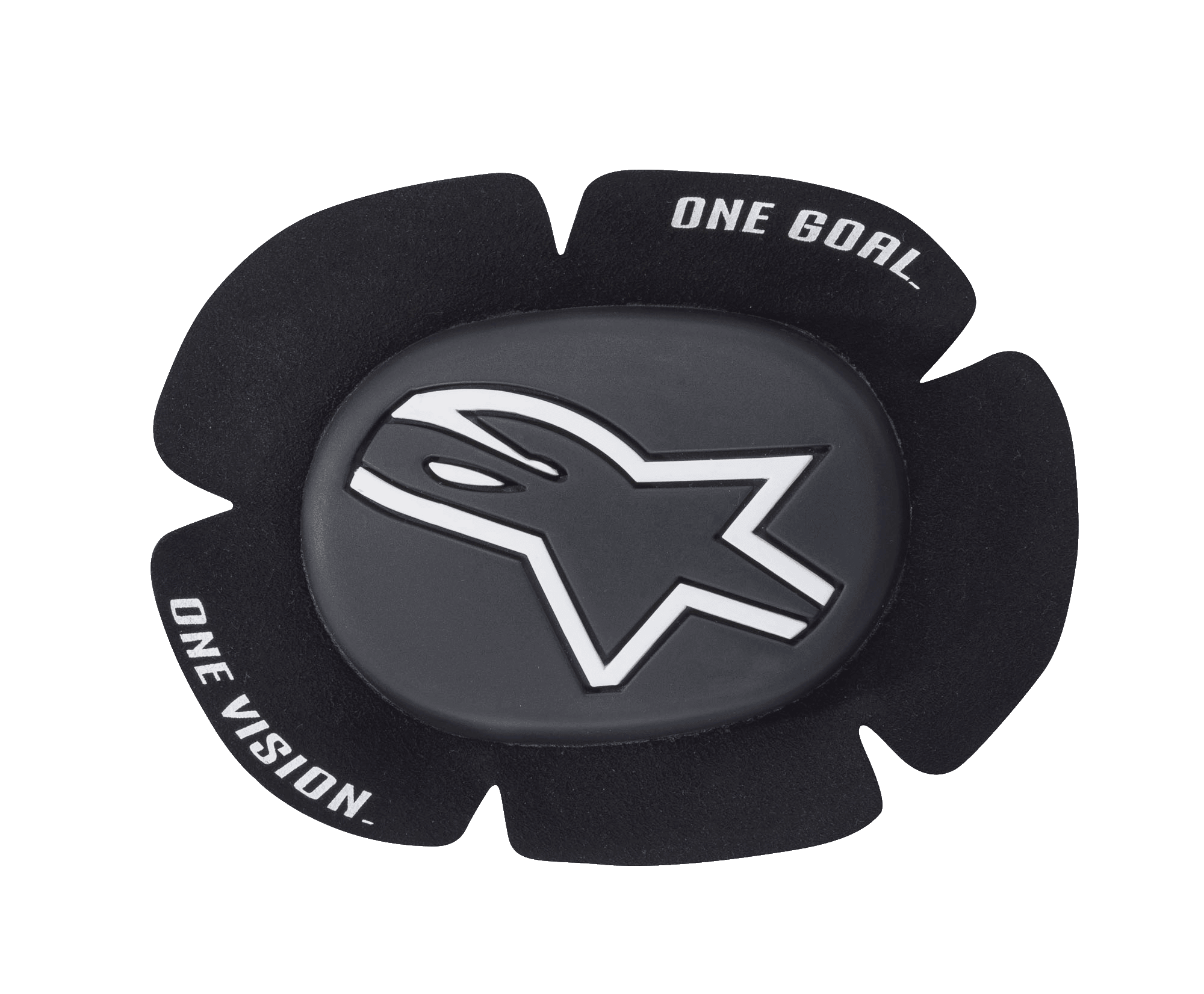Alpinestars GP Sport Evo kniesliders, zwart en witte motorrace knieschuivers, voorzien van een wit sterlogo op een donkergrijze centrale puck, vijfladig voorgevormd ontwerp met "ONE GOAL ONE VISION" merktekst, duurzame TPU-bescherming voor circuit- en sportgebruik
