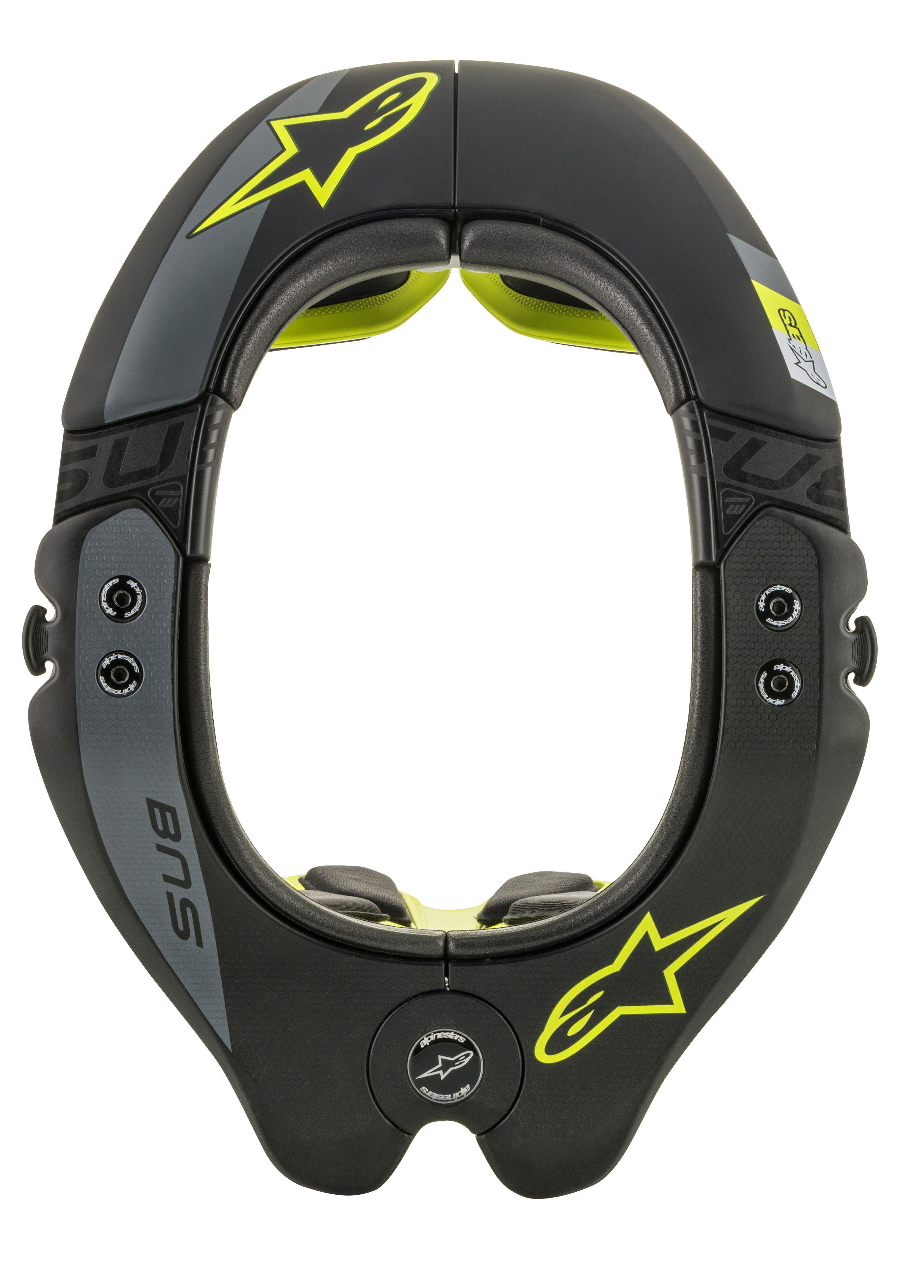 Alpinestars BNS Tech 2 neksteun, motorcross nekbeschermer, zwart en fluorescerend geel, bovenaanzicht van het ovale frame met gele sterlogo's, grijze accenten en 'BNS'-branding, ontworpen voor off-road veiligheid
