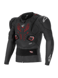 Alpinestars Bionic Pro V3 Plasma beschermingsjas, off-road motorfiets body armor, zwart met rode ventilatiedetails op de borst, witte Alpinestars-logo's op de schouders en borst, voorzien van geïntegreerde Nucleon PLASMA elleboog- en schouderbeschermers, zwevende borstplaat en verstelbare elastische tailleband, ademende mesh-constructie voor motorcross en off-road rijden