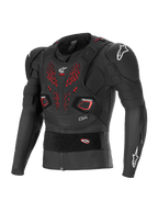 Alpinestars Bionic Pro V3 Plasma beschermingsjas, off-road motorfiets body armor, zwart met rode ventilatiedetails op de borst, witte Alpinestars-logo's op de schouders en borst, voorzien van geïntegreerde Nucleon PLASMA elleboog- en schouderbeschermers, zwevende borstplaat en verstelbare elastische tailleband, ademende mesh-constructie voor motorcross en off-road rijden