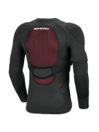Alpinestars Bionic Plasma LT Beschermjas - Lange mouwen, zwart, achteraanzicht met de nadruk op de rode Nucleon PLASMA rugprotector, ademende stretch mesh constructie, verstelbare tailleband en geïntegreerde elleboog- en schouderbescherming