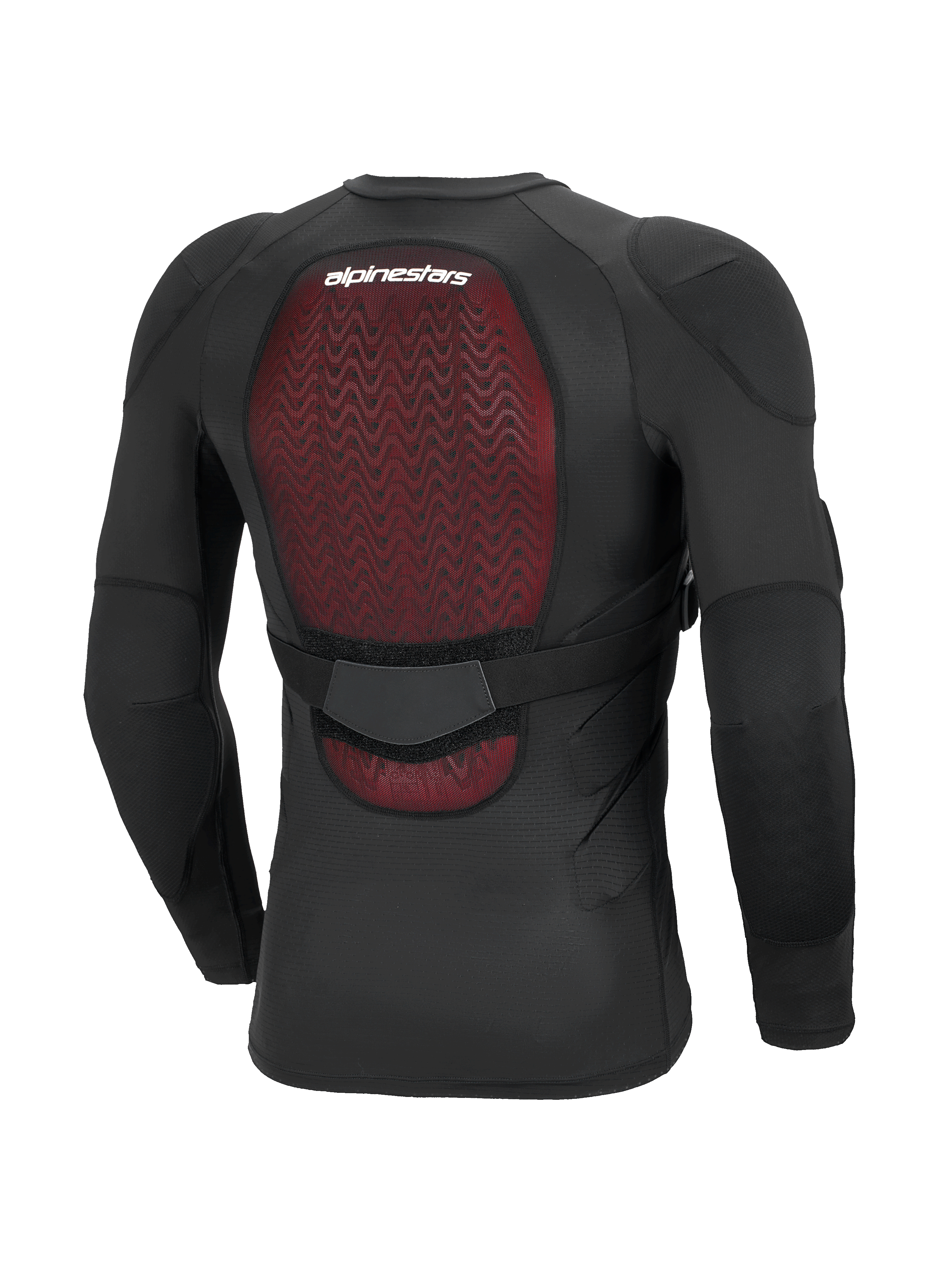 Alpinestars Bionic Plasma LT Beschermjas - Lange mouwen, zwart, achteraanzicht met de nadruk op de rode Nucleon PLASMA rugprotector, ademende stretch mesh constructie, verstelbare tailleband en geïntegreerde elleboog- en schouderbescherming