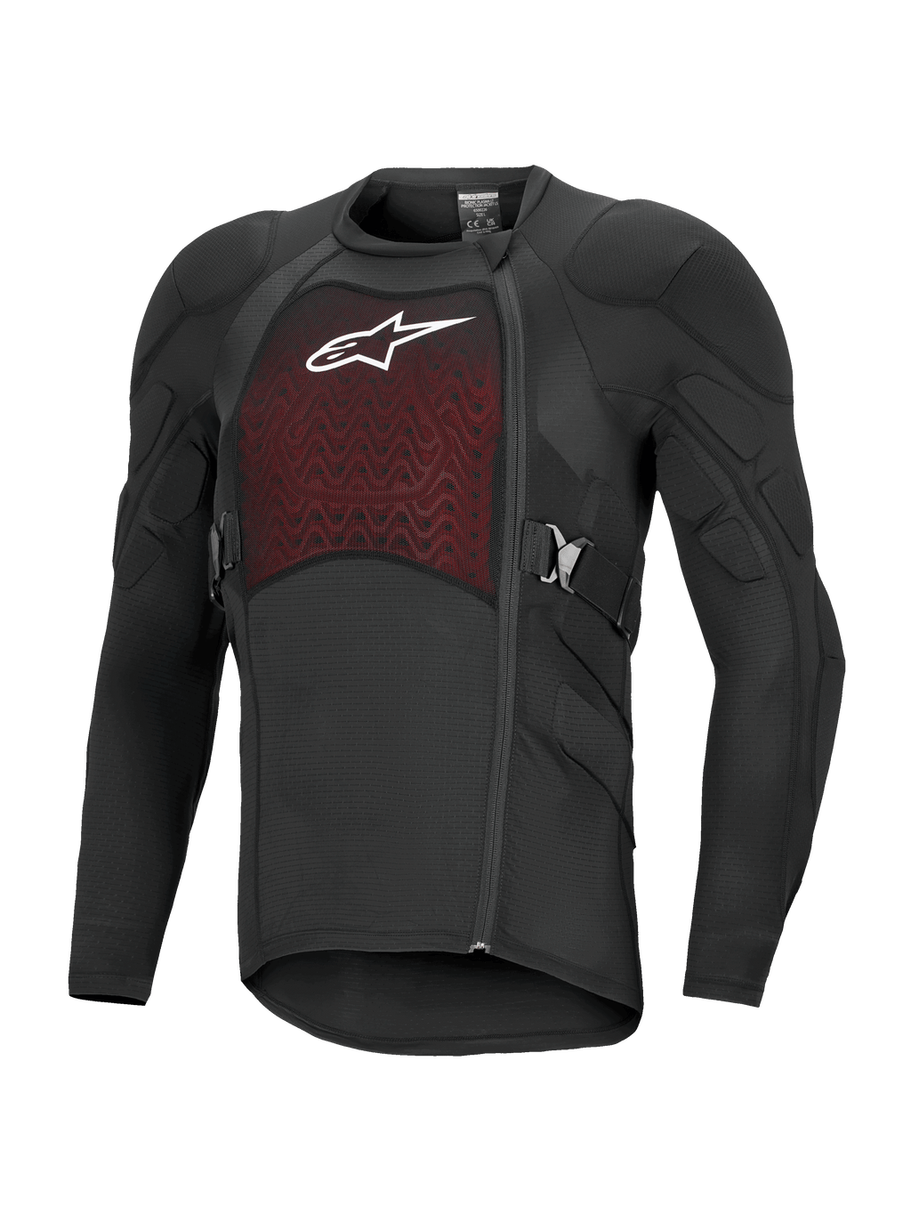 Alpinestars Bionic Plasma LT Protection Jacket met lange mouwen, zwart en rood, off-road motorbescherming met gewatteerde schouders en ellebogen, ademend mesh borstpaneel met wit logo, asymmetrische zijrits en verstelbare zijriemen.