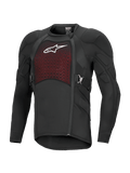 Alpinestars Bionic Plasma LT Protection Jacket met lange mouwen, zwart en rood, off-road motorbescherming met gewatteerde schouders en ellebogen, ademend mesh borstpaneel met wit logo, asymmetrische zijrits en verstelbare zijriemen.
