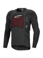 Alpinestars Bionic Plasma LT Protection Jacket met lange mouwen, zwart en rood, off-road motorbescherming met gewatteerde schouders en ellebogen, ademend mesh borstpaneel met wit logo, asymmetrische zijrits en verstelbare zijriemen.