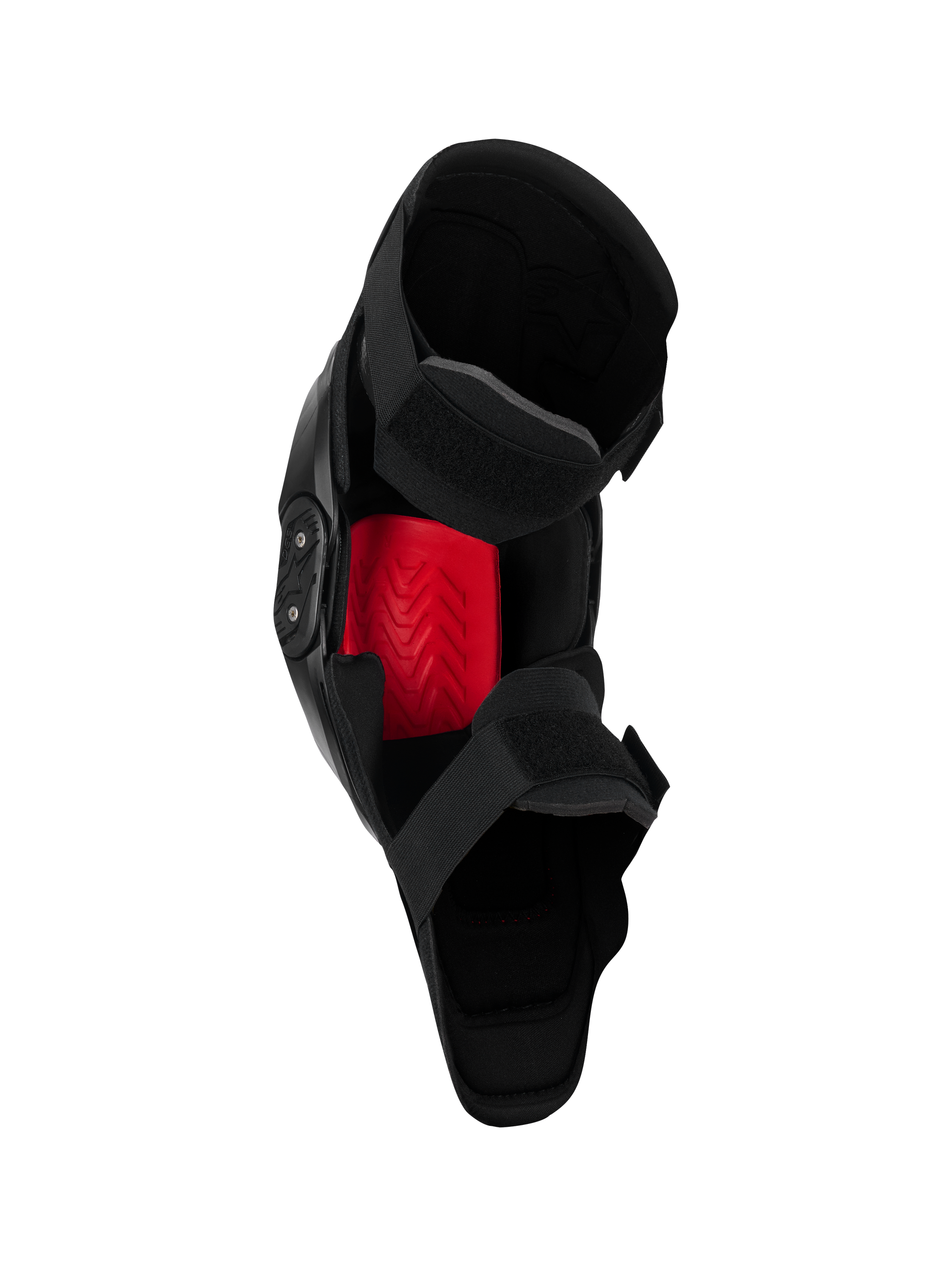 Alpinestars SX-1 Plasma kniebeschermer, motorcross kniebeschermer, zwart en rood, binnenaanzicht met de rode Nucleon PLASMA-inzet en het dubbele bandsluitsysteem, ontworpen voor off-road prestaties