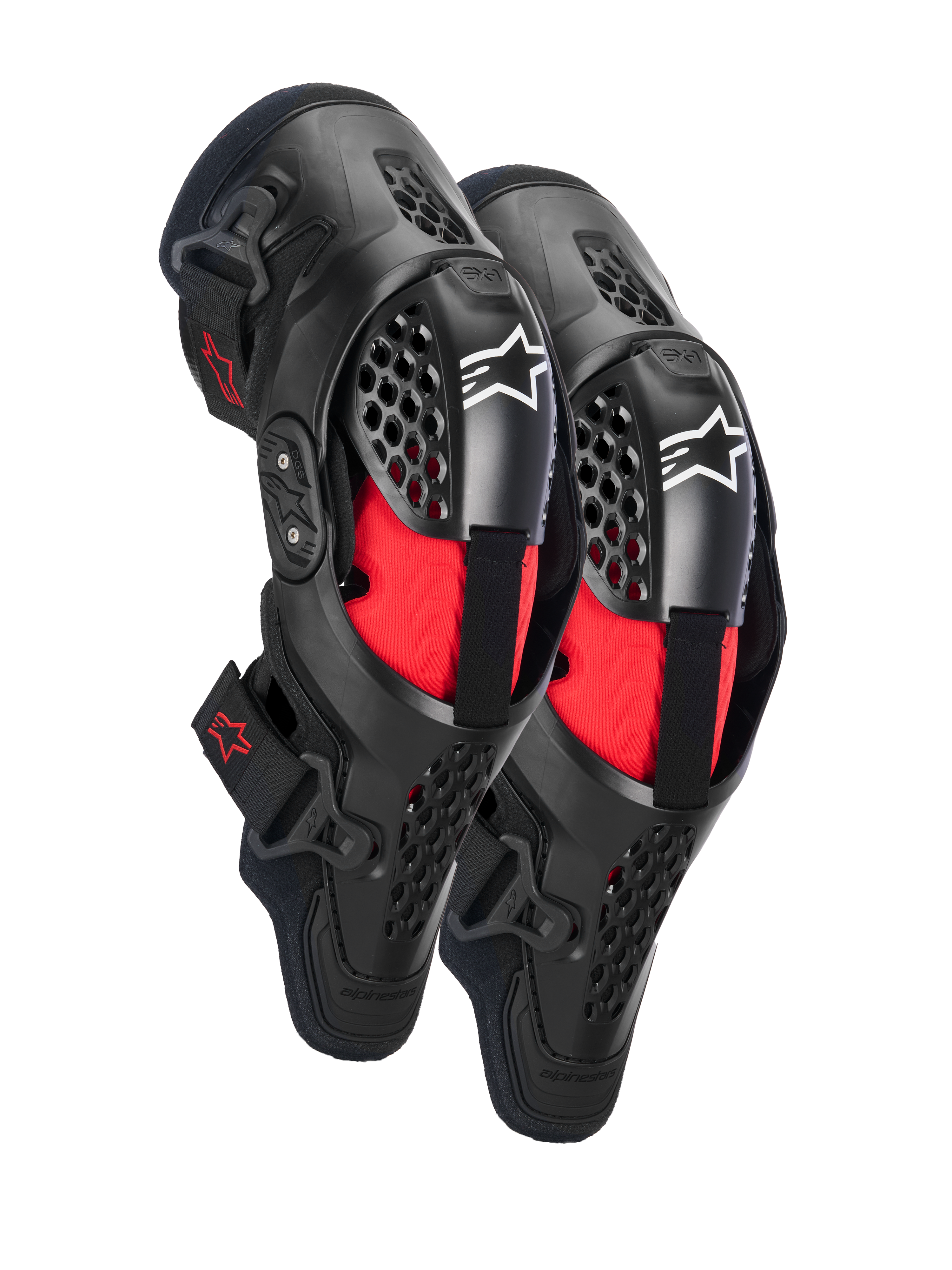 Alpinestars SX-1 Plasma Knee Protectors, Motocross Knee Protection, Black and Red, featuring semi-rigid ventilated frames, red inner padding, white Alpinestars logos on the kneecap, and a dual pivot hinge design for off-road performance