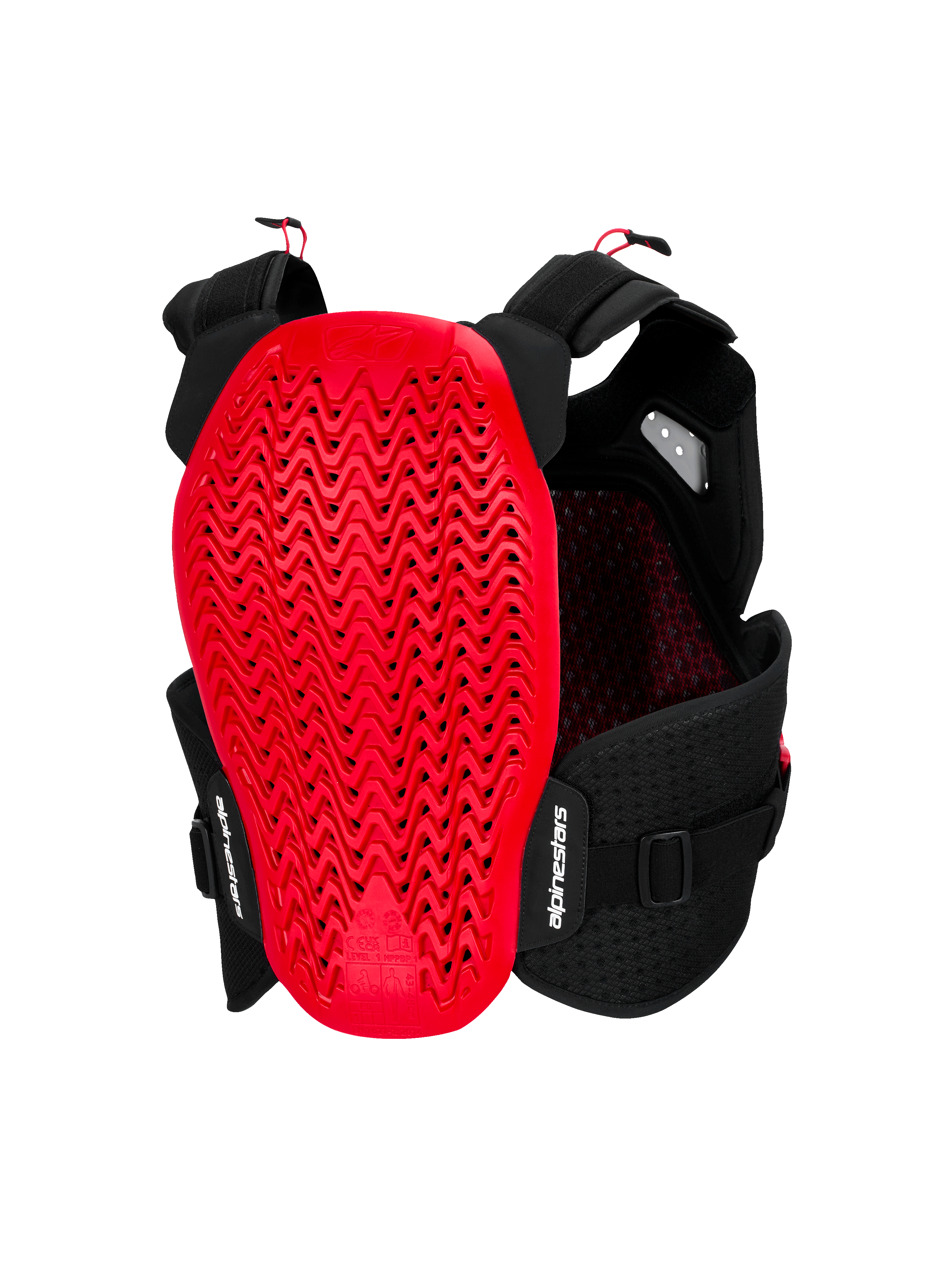 Alpinestars A-4 Plasma borstbeschermer, achteraanzicht, zwart en rood, voorzien van een grote rode Nucleon PLASMA rugbeschermer met een golvend geperforeerd ontwerp, zwart mesh chassis met verstelbare banden en witte Alpinestars-branding