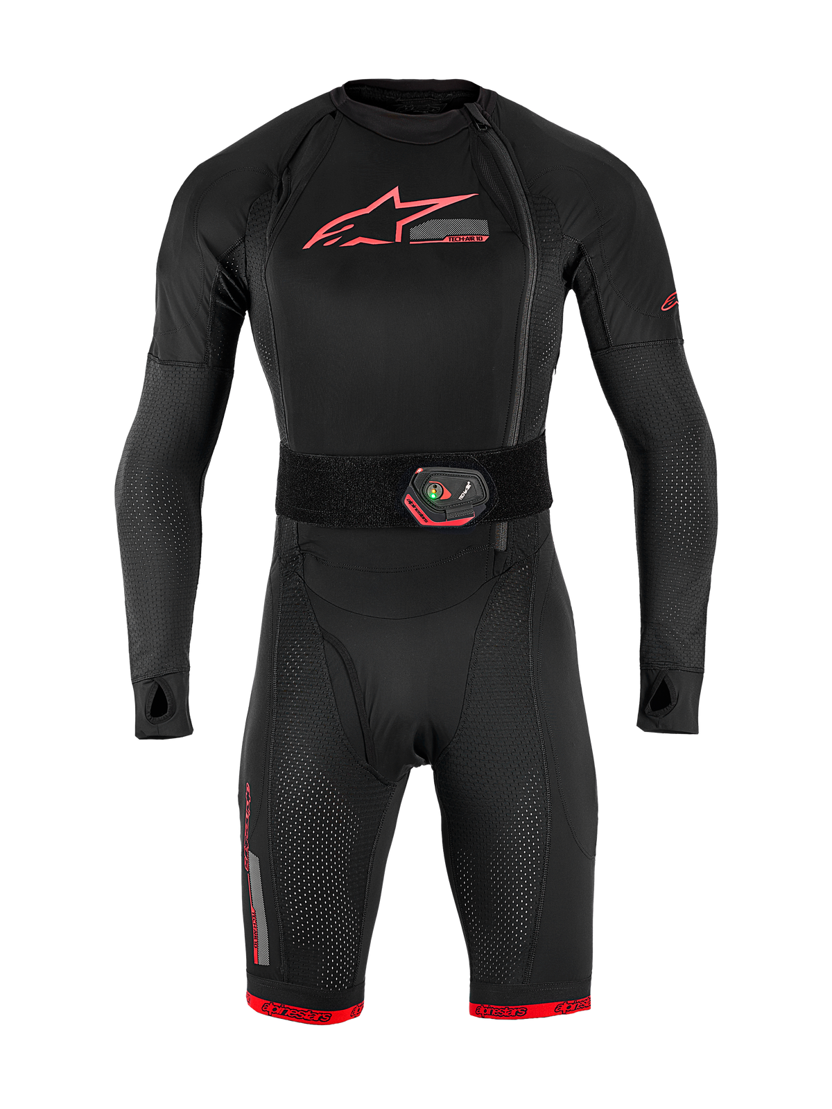 Tech-Air® 10 V2 Race Airbag Systeem, zwarte basislaag met rode accenten en geïntegreerde led-activeringsriem.