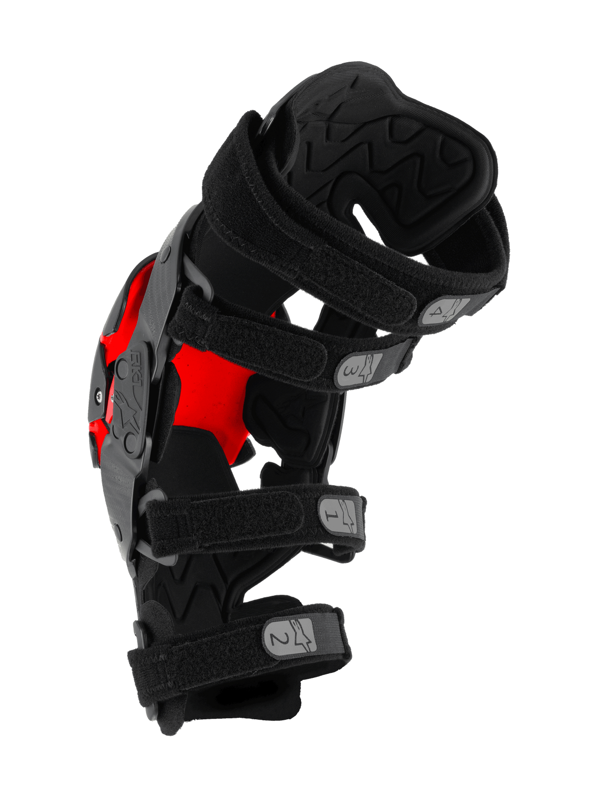 Alpinestars RK-1 Plasma Kniebrace, motocross kniebeschermer, zwart en rood, zijaanzicht met vier genummerde verstelbare banden en getextureerde binnenvoering, technische beschermende uitrusting voor off-road rijden