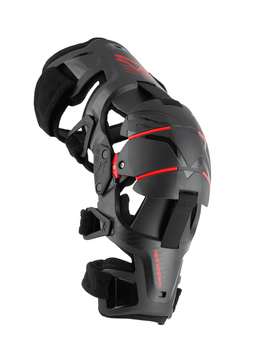 Alpinestars RK-1 Plasma kniebrace, motor kniebescherming, zwart en rood, zijaanzicht met scharnierend vierpunts scharniersysteem, driedelige gesegmenteerde kniekap en verstelbare banden voor off-road racing