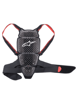 Alpinestars Nucleon KR-Cell Protector, Motorcycle Back Protector, Smoke Black and Red, featuring a perforated honeycomb grid with a white Alpinestars logo, adjustable red branded straps, and a black waist belt, ergonomic ventilated design