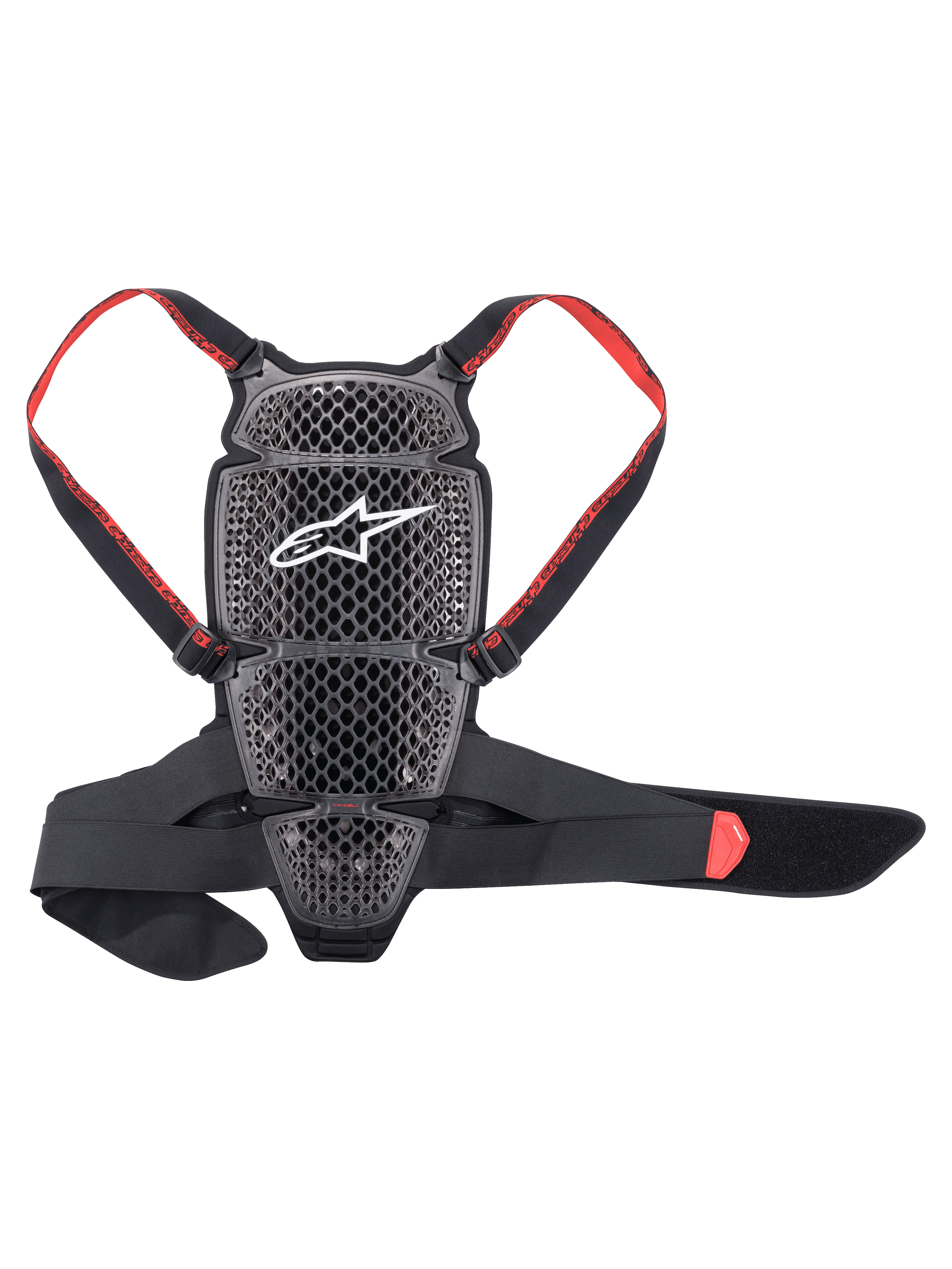 Alpinestars Nucleon KR-Cell Protector, rugbeschermer voor motorrijders, Smoke Black en rood, voorzien van een geperforeerd honingraatrooster met een wit Alpinestars-logo, verstelbare rode merkschouderbanden en een zwarte tailleband, ergonomisch geventileerd ontwerp