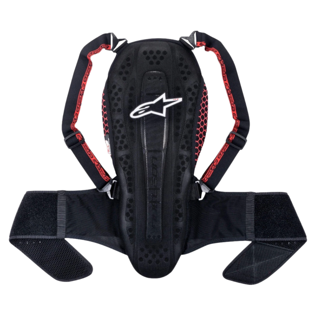 Alpinestars Nucleon KR-2 rugbeschermer, Black Smoke Red, voorzien van een gearticuleerd wervelontwerp, verstelbare schouderbanden met rode accenten en een brede heupband, lichtgewicht rugbescherming voor motorrijders