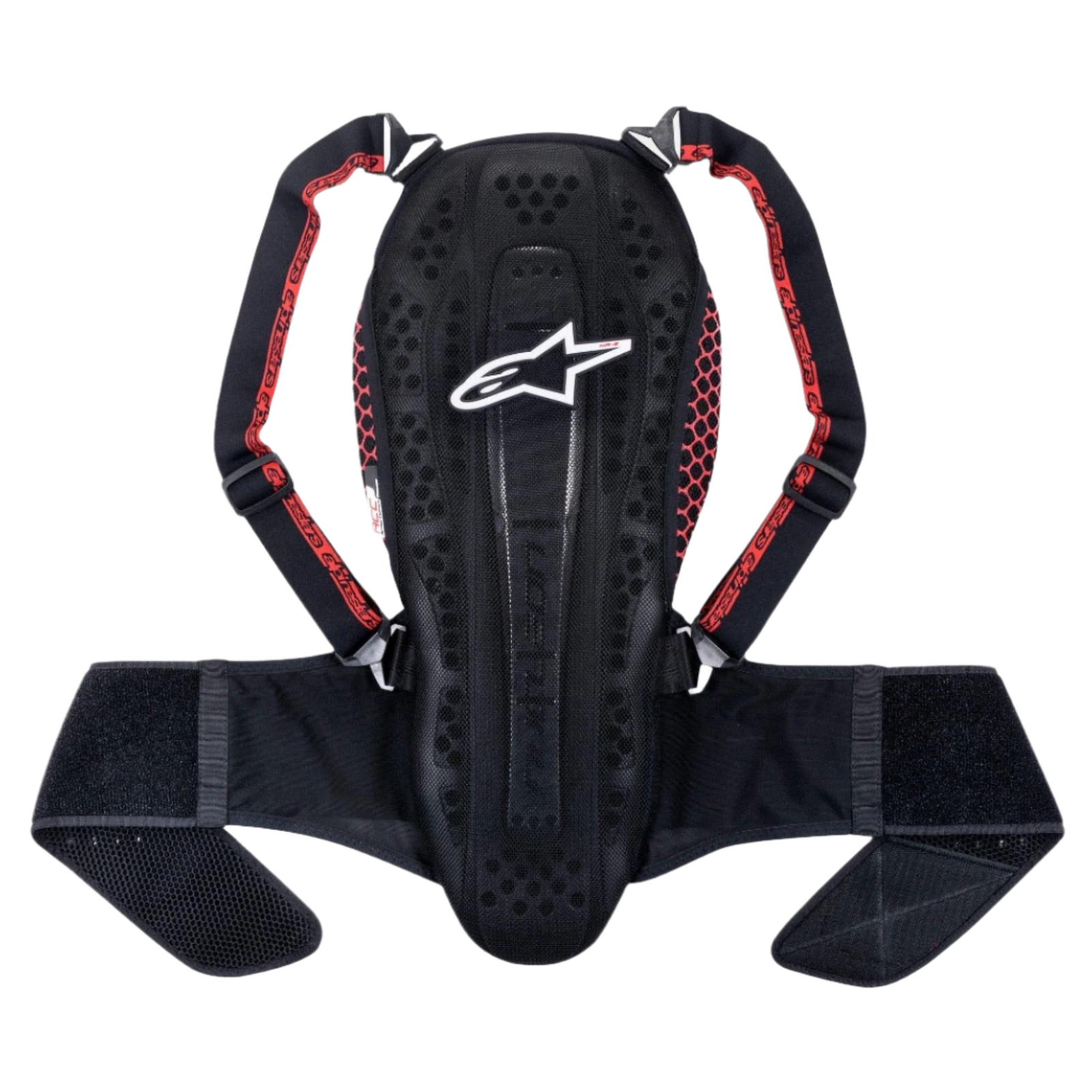 Alpinestars Nucleon KR-2 rugbeschermer, Black Smoke Red, voorzien van een gearticuleerd wervelontwerp, verstelbare schouderbanden met rode accenten en een brede heupband, lichtgewicht rugbescherming voor motorrijders