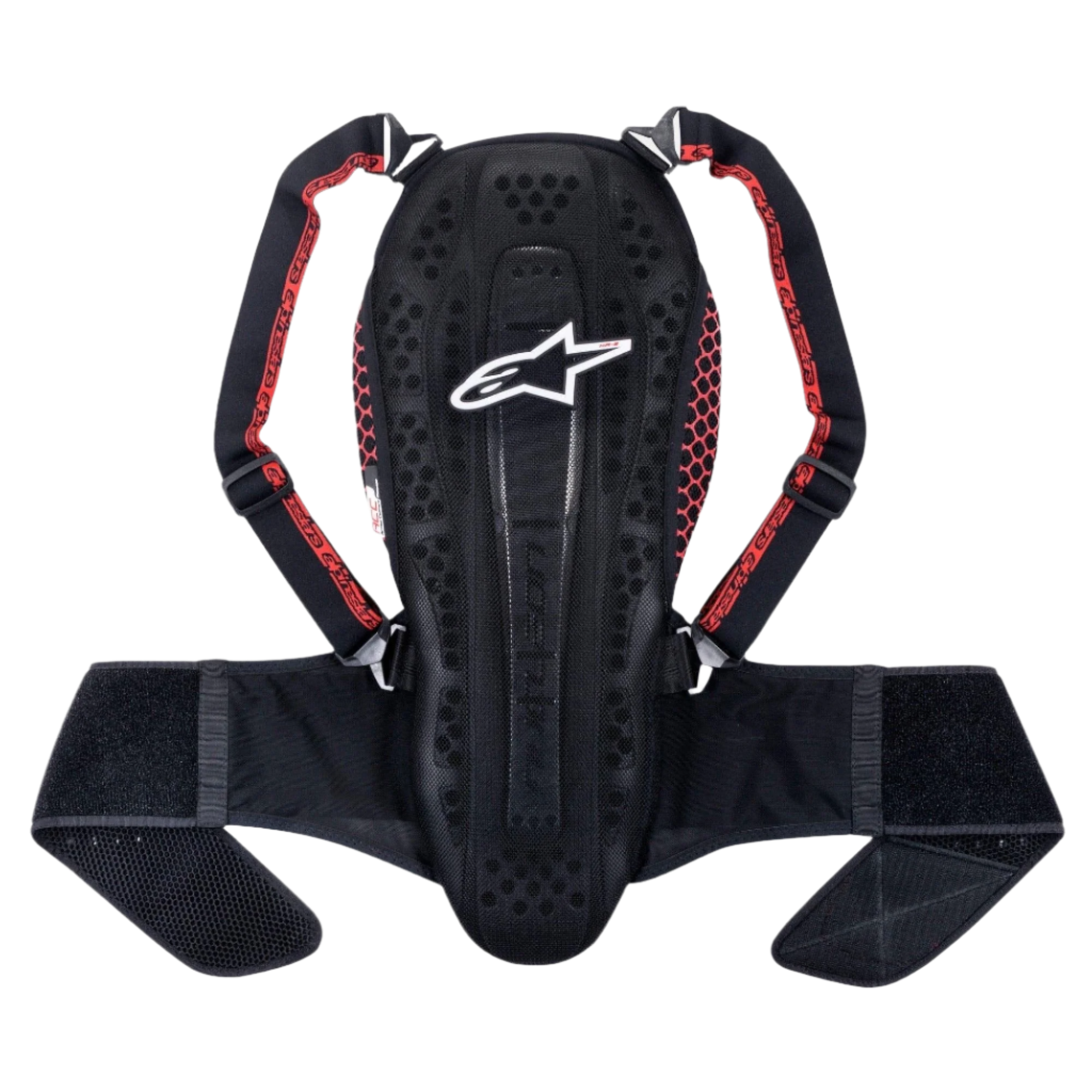 Alpinestars Nucleon KR-2 rugbeschermer, Black Smoke Red, voorzien van een gearticuleerd wervelontwerp, verstelbare schouderbanden met rode accenten en een brede heupband, lichtgewicht rugbescherming voor motorrijders