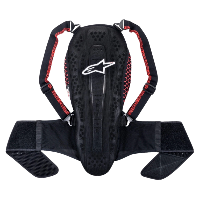 Alpinestars Nucleon KR-2 Back Protector, Black Smoke Red, featuring an articulated vertebrae-style design, adjustable shoulder straps with red accents, and a wide waist belt, lightweight motorcycle spine protection
