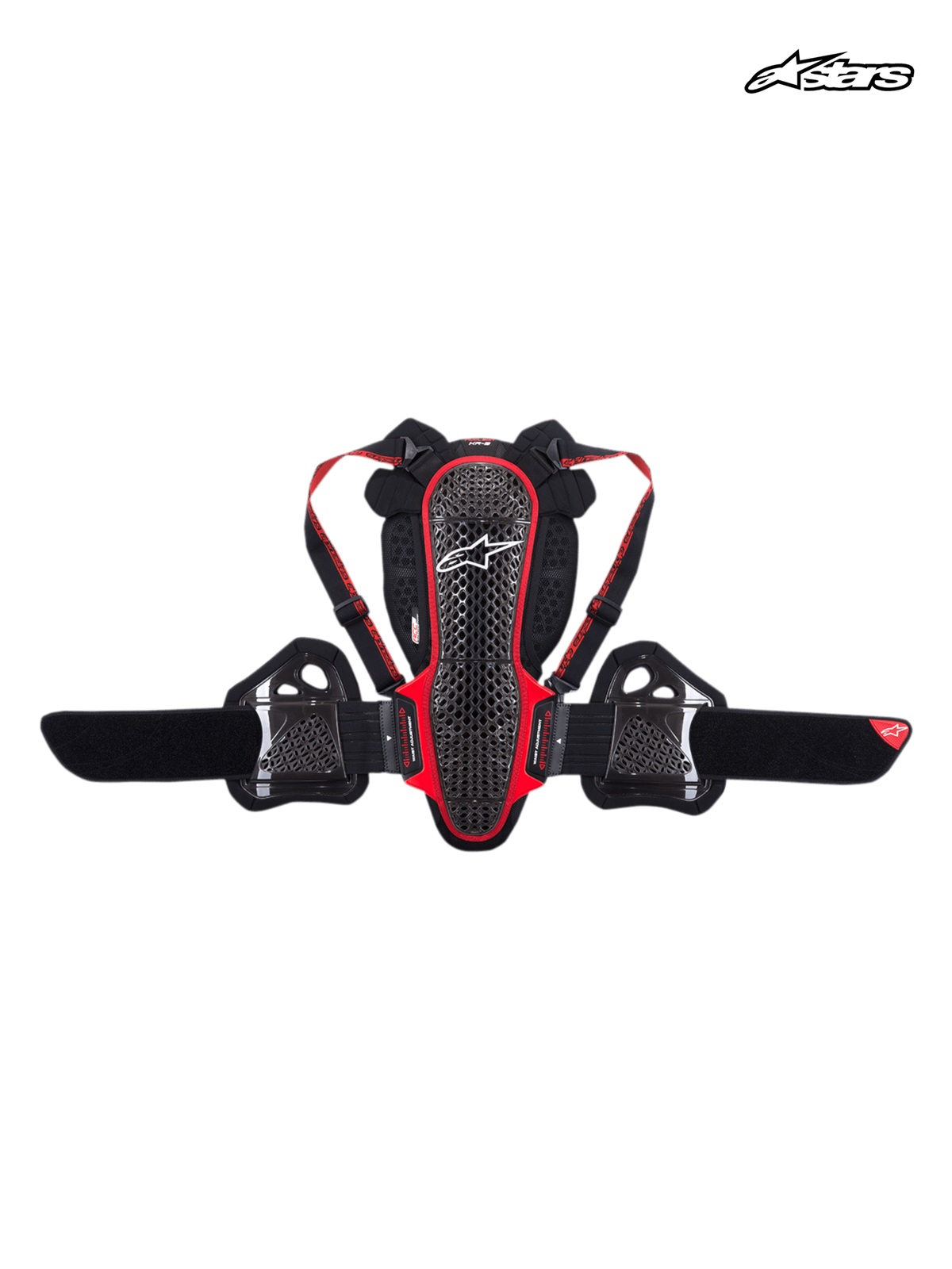 Alpinestars Nucleon KR-3 rugbeschermer, CE-gecertificeerde motorrug- en ribbescherming in rookzwart en rood, met rasterstructuurschaal, verstelbare schouderbanden en lendengordel