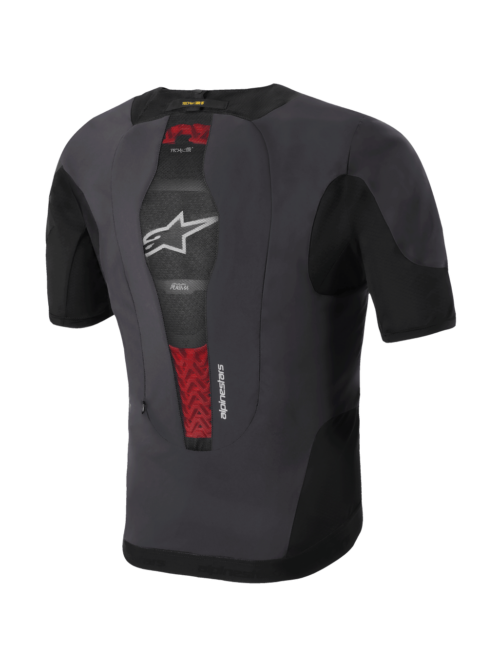 Alpinestars Tech-Air® 5 Plasma Systeem, motor airbagvest, achteraanzicht, zwart en donkergrijs, met geïntegreerde PLASMA-rugbeschermer zichtbaar door centraal mesh-paneel met rode details, wit sterlogo, slank en ademend ontwerp voor onder de jas