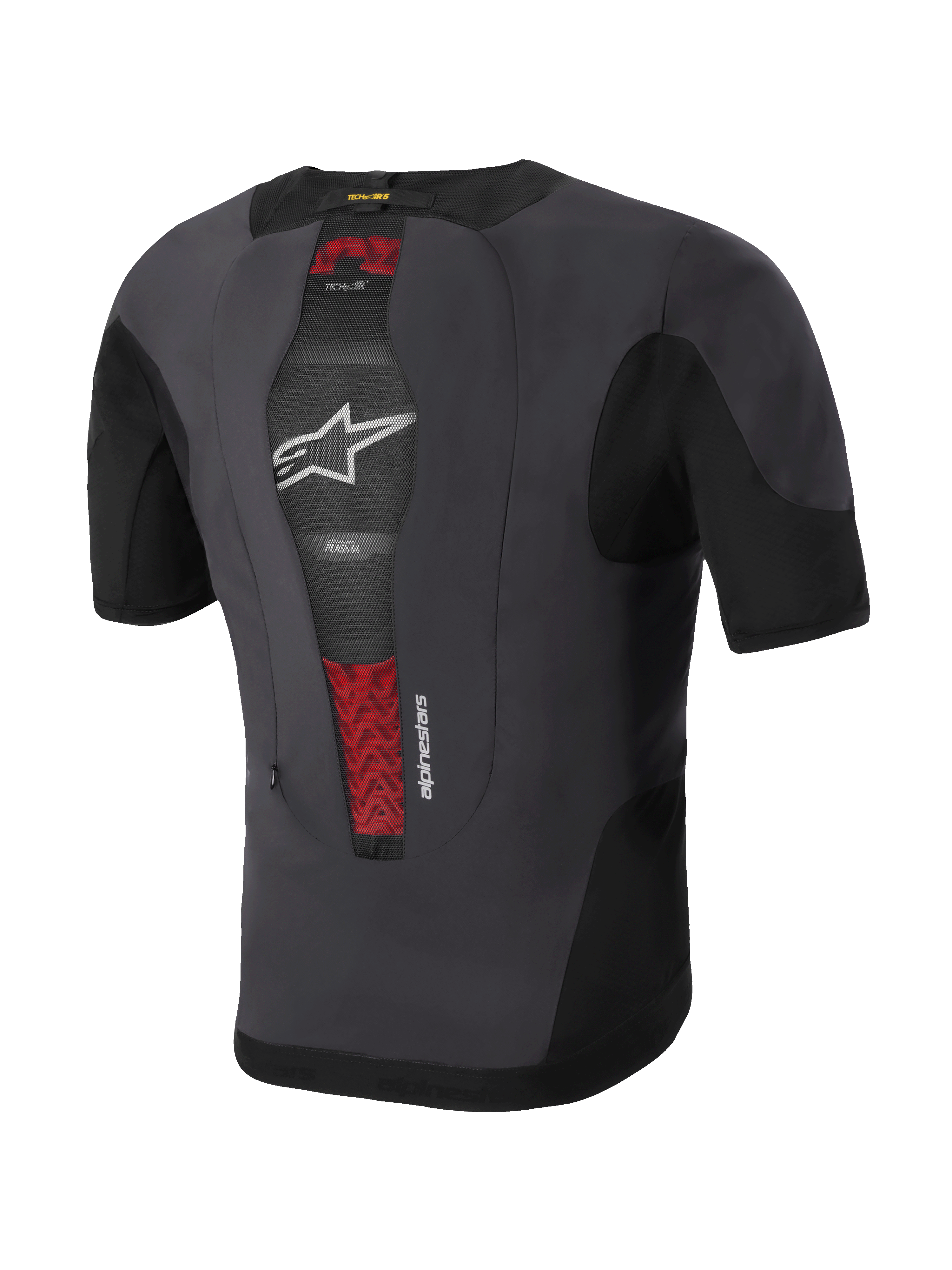 Alpinestars Tech-Air® 5 Plasma Systeem, motor airbagvest, achteraanzicht, zwart en donkergrijs, met geïntegreerde PLASMA-rugbeschermer zichtbaar door centraal mesh-paneel met rode details, wit sterlogo, slank en ademend ontwerp voor onder de jas