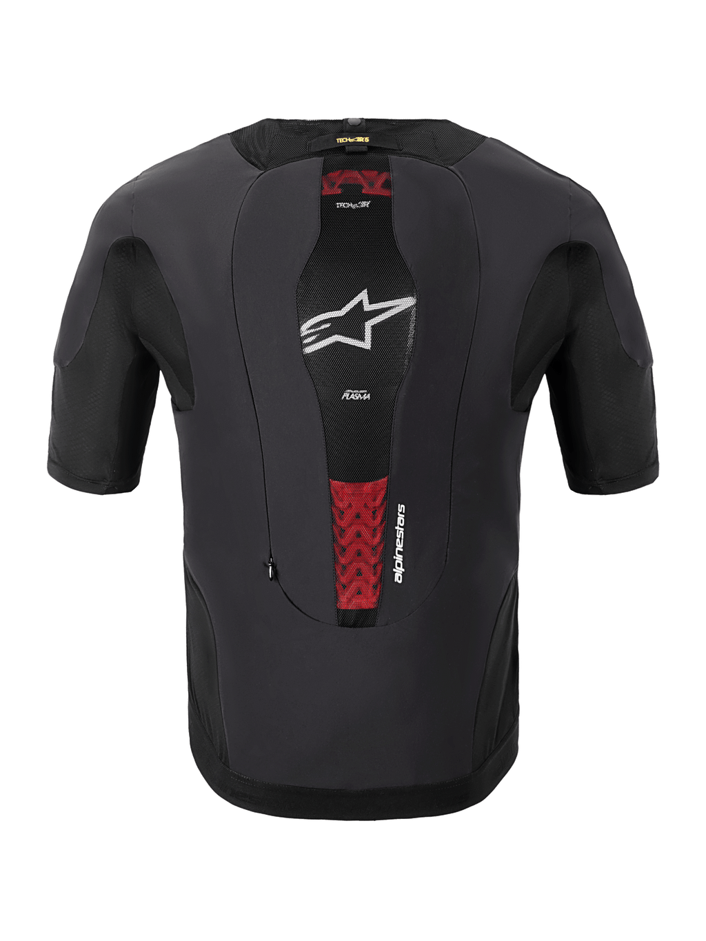Alpinestars Tech-Air® 5 Plasma Systeem, motorairbagsysteem, achteraanzicht, zwart, centraal mesh-paneel met wit ster-logo en rode accenten van de interne PLASMA-rugbeschermer, nauwsluitend ontwerp met korte mouwen voor bescherming onder de jas