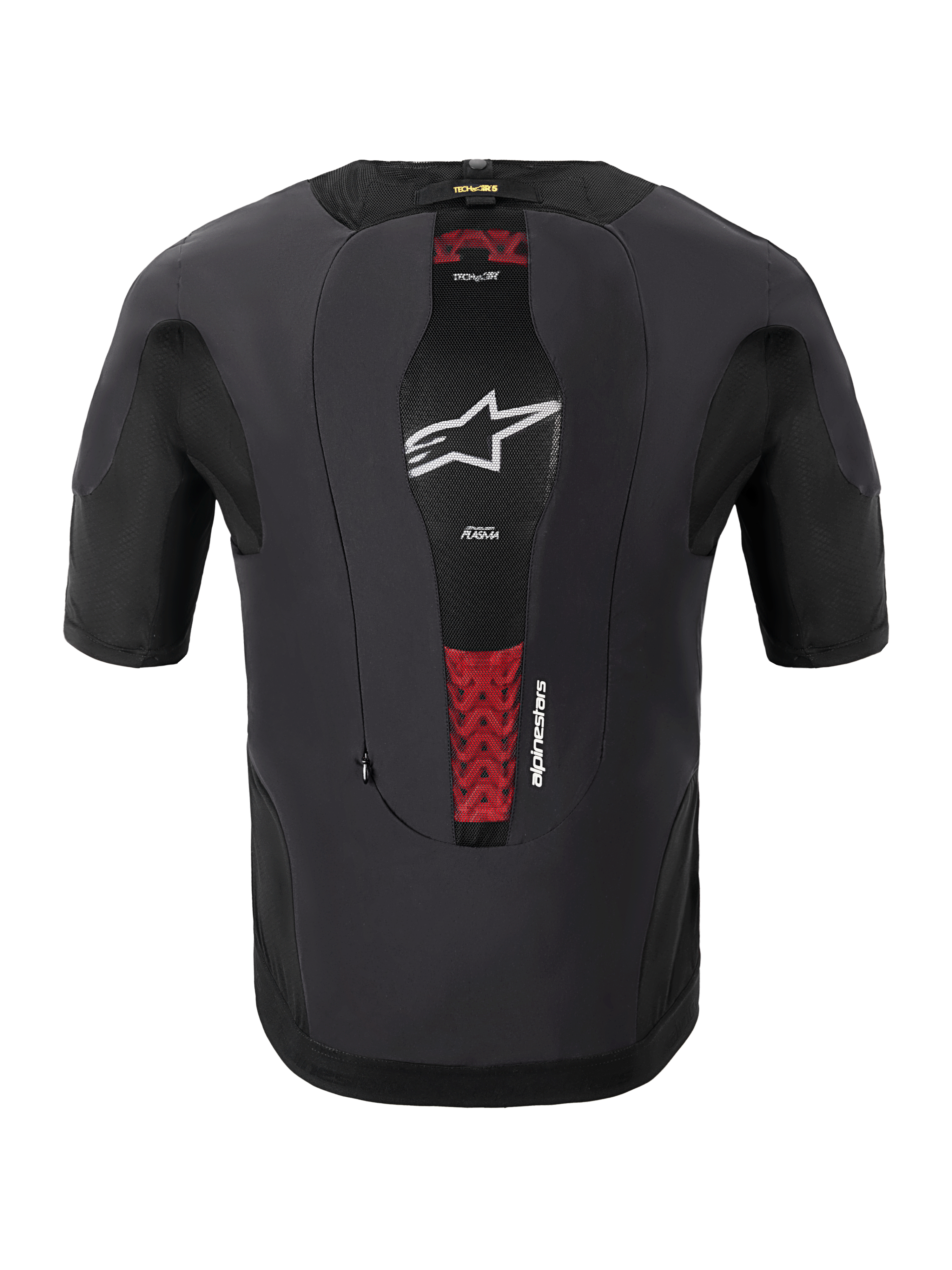 Alpinestars Tech-Air® 5 Plasma Systeem, motorairbagsysteem, achteraanzicht, zwart, centraal mesh-paneel met wit ster-logo en rode accenten van de interne PLASMA-rugbeschermer, nauwsluitend ontwerp met korte mouwen voor bescherming onder de jas