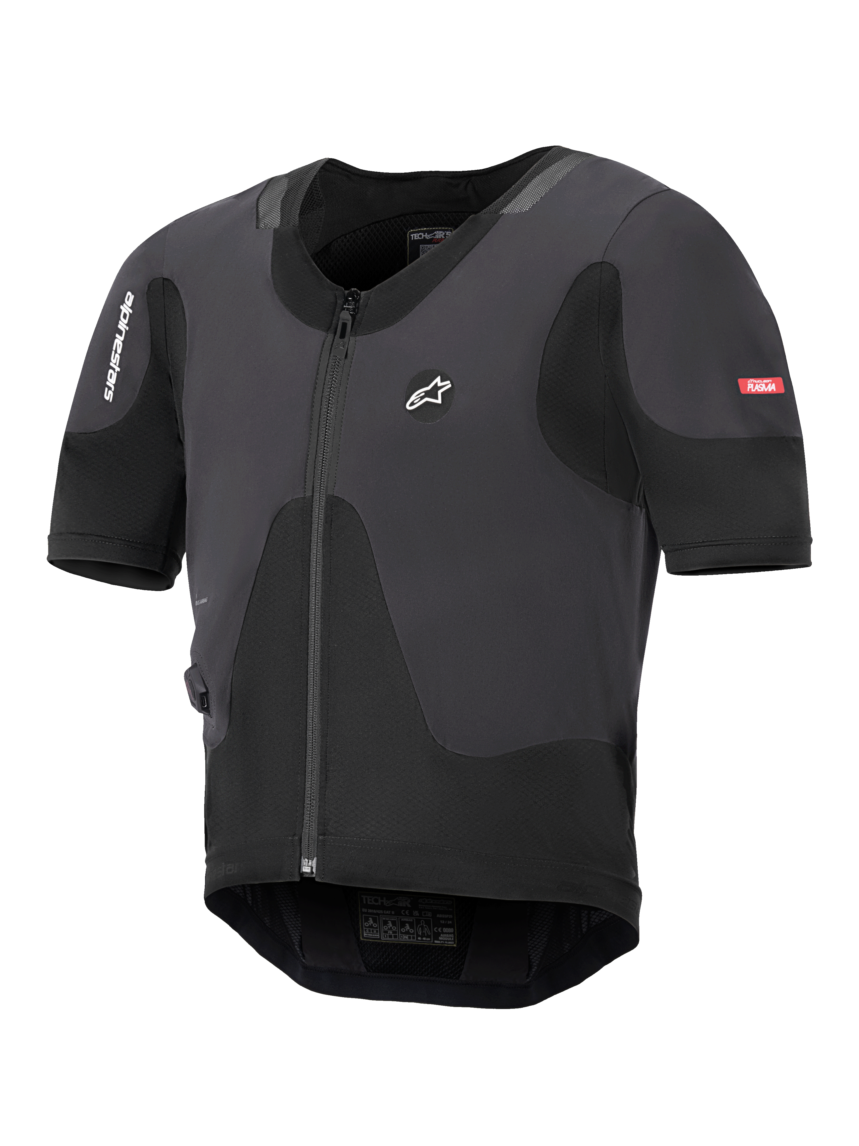 Alpinestars Tech-Air 5 Plasma Systeem, zwart motor-airbagvest, slank profiel met ritssluiting aan de voorzijde en korte mouwen, voorzien van ademende mesh-panelen en Alpinestars-branding, ontworpen voor bescherming onder de jas