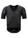 Alpinestars Tech-Air 5 Plasma Systeem, zwart airbagvest, vooraanzicht met korte mouwen en centrale ritssluiting, voorzien van Alpinestars-branding en een geïntegreerd LED-statusdisplay, ultraslanke beschermende onderkleding voor motorveiligheid