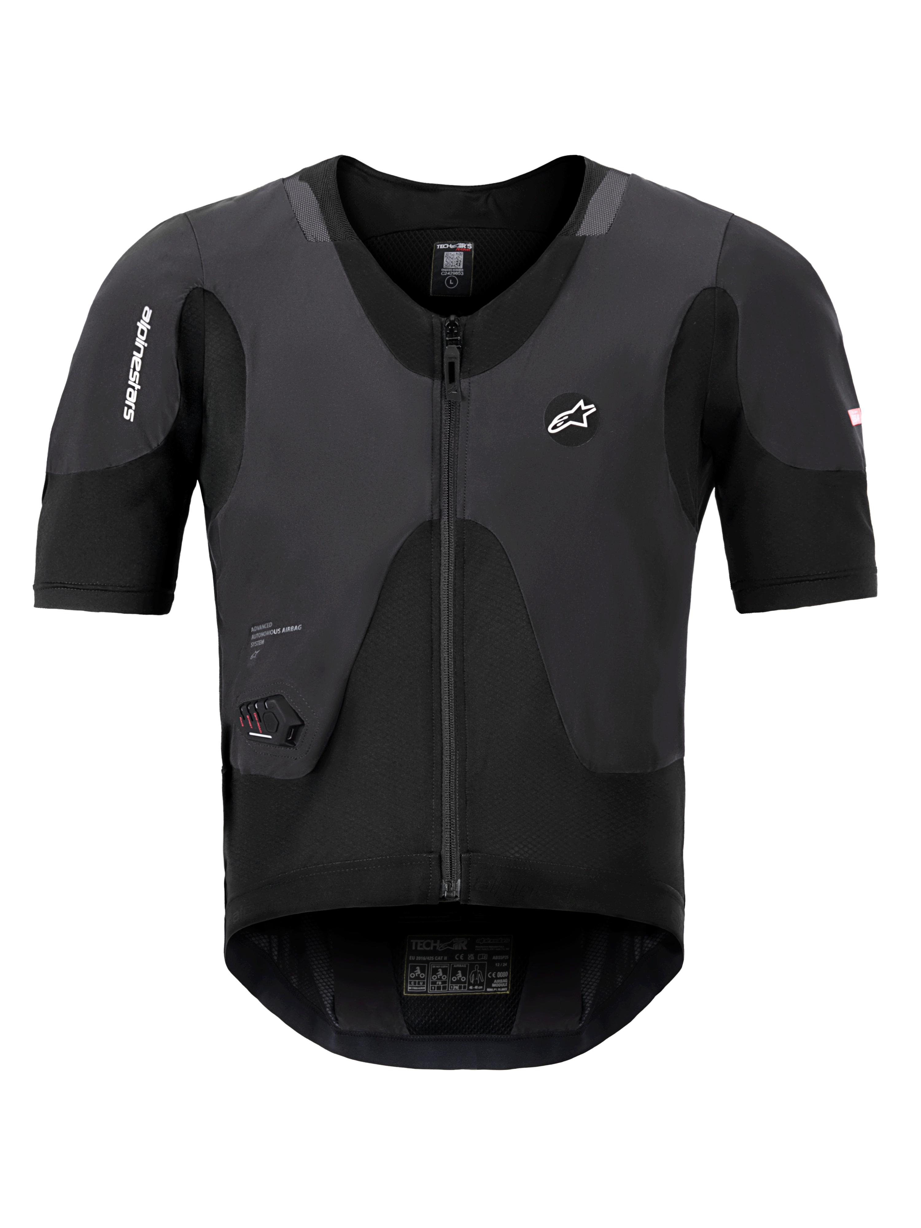 Alpinestars Tech-Air 5 Plasma Systeem, zwart airbagvest, vooraanzicht met korte mouwen en centrale ritssluiting, voorzien van Alpinestars-branding en een geïntegreerd LED-statusdisplay, ultraslanke beschermende onderkleding voor motorveiligheid