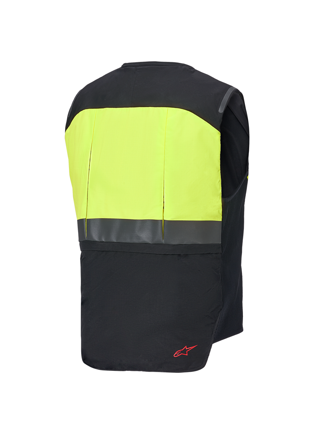 Alpinestars Tech-Air® 3 V2 Systeem, motorairbagvest, achteraanzicht, zwart en fluogeel, voorzien van een goed zichtbaar geel bovenpaneel op de rug met reflecterende horizontale strip en rood logodetail