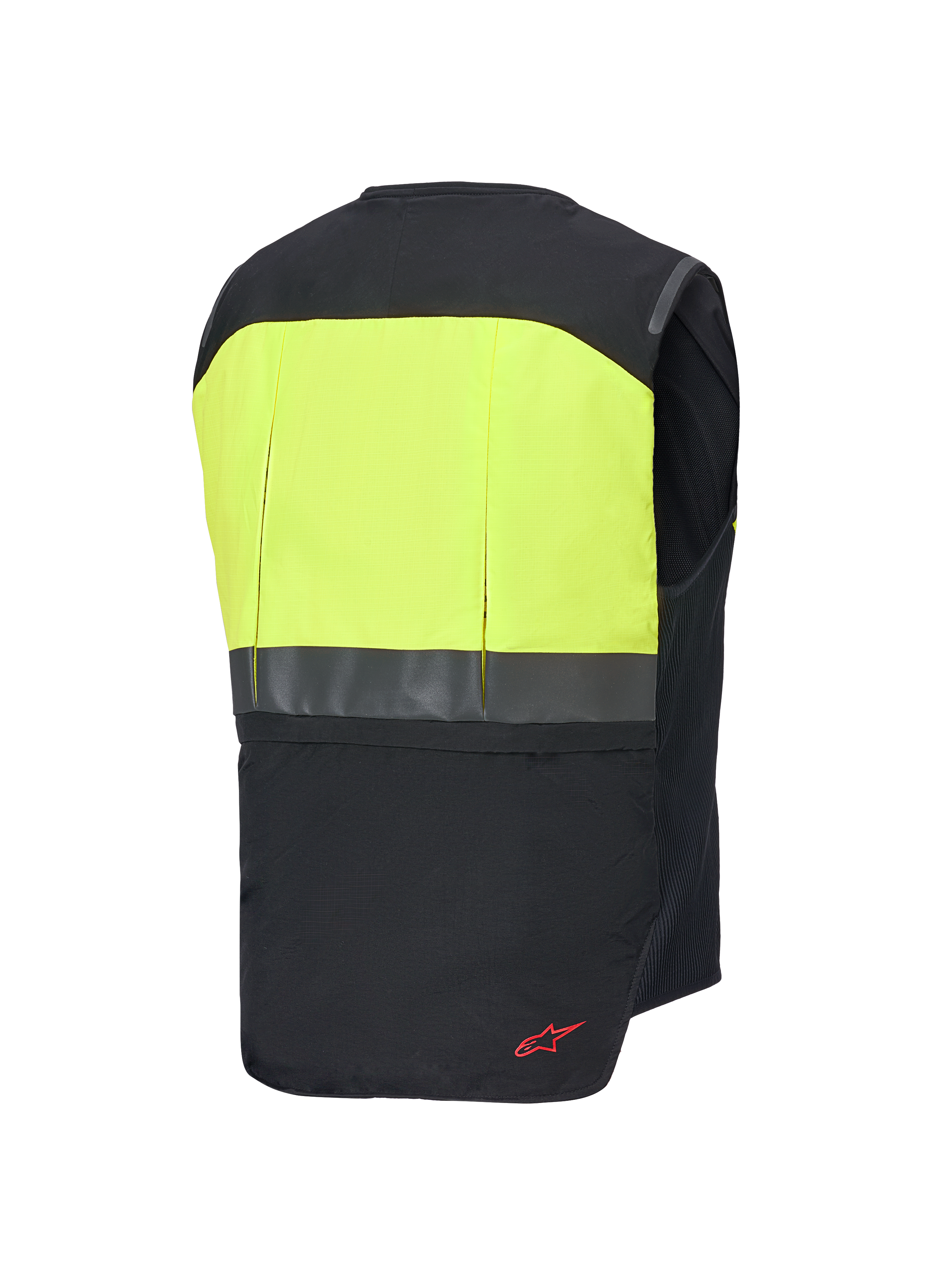 Alpinestars Tech-Air® 3 V2 Systeem, motorairbagvest, achteraanzicht, zwart en fluogeel, voorzien van een goed zichtbaar geel bovenpaneel op de rug met reflecterende horizontale strip en rood logodetail