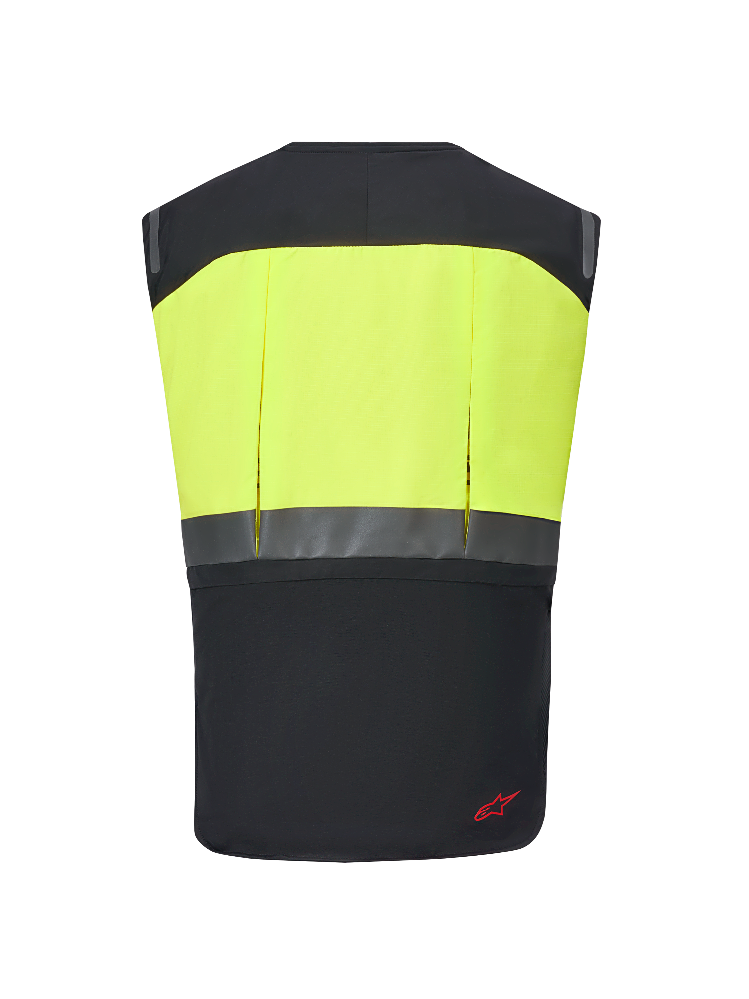 Alpinestars Tech-Air® 3 V2 Systeem, motor airbagvest, zwart en fluogeel, achteraanzicht met een opvallend geel bovengedeelte en reflecterende horizontale strip, slanke en lichtgewicht beschermende kleding voor toertochten en woon-werkverkeer