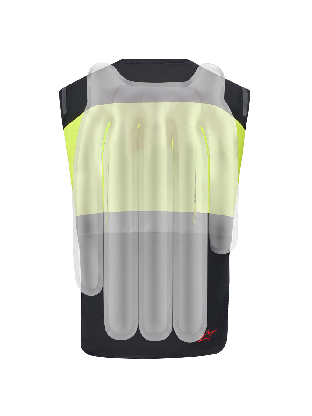 Alpinestars Tech-Air® 3 V2 Systeem, motorairbagvest, zwart en geel fluo, achteraanzicht met doorschijnende overlay die de interne airbagkamers toont voor rug- en schouderbescherming