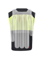Alpinestars Tech-Air® 3 V2 Systeem, motorairbagvest, zwart en geel fluo, achteraanzicht met doorschijnende overlay die de interne airbagkamers toont voor rug- en schouderbescherming