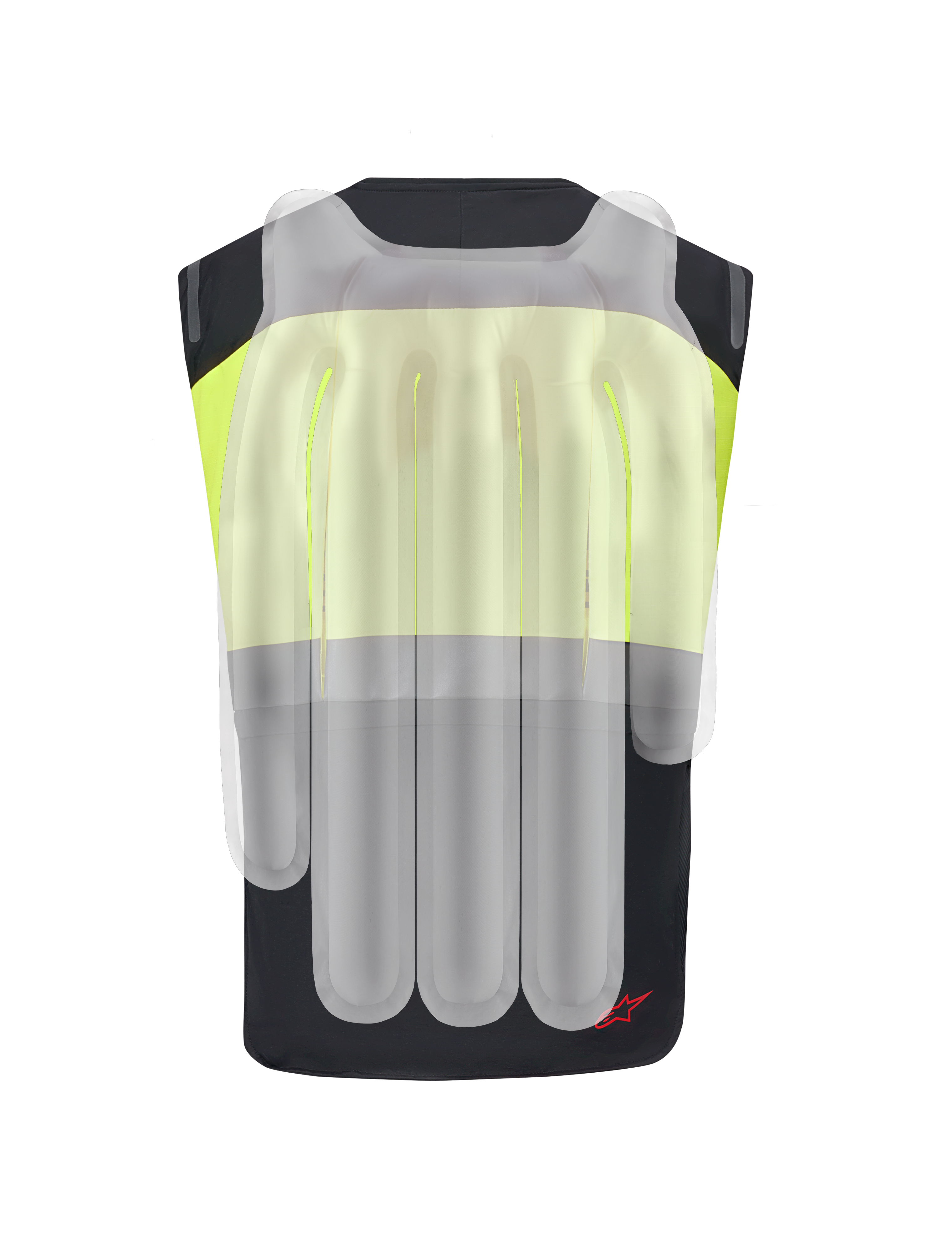 Alpinestars Tech-Air® 3 V2 Systeem, motorairbagvest, zwart en geel fluo, achteraanzicht met doorschijnende overlay die de interne airbagkamers toont voor rug- en schouderbescherming