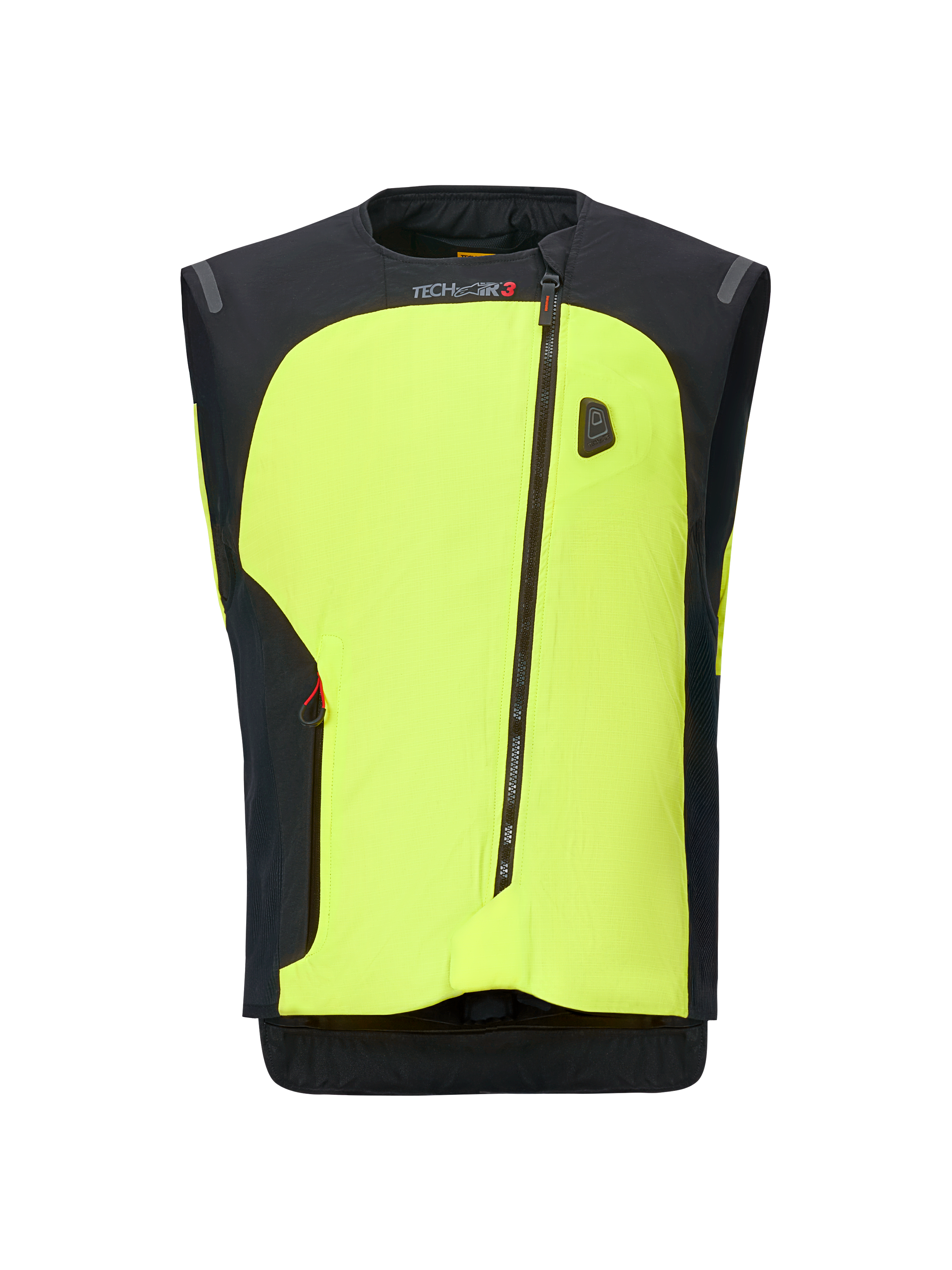 Alpinestars Tech-Air 3 V2 Systeem, motorfiets airbagvest, neongeel en zwart, voorzien van een diagonale ritssluiting, autonoom elektronisch beschermingssysteem en een strakke moderne constructie voor gebruik op de weg