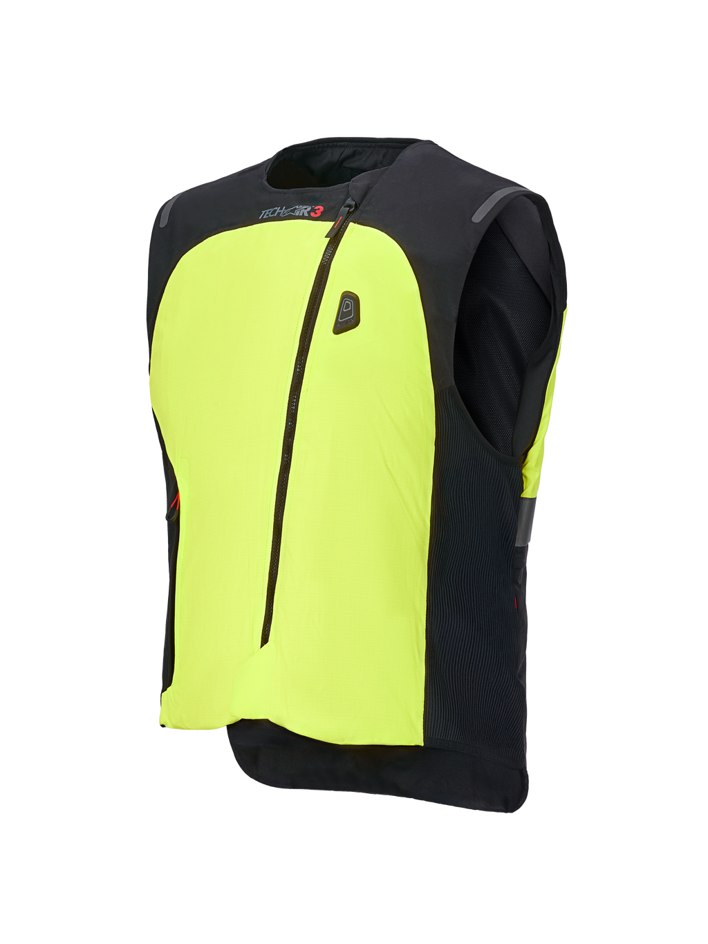 Alpinestars Tech-Air® 3 V2 Systeem, motor airbagvest, zwart en fluogeel, voorzien van een opvallend neongeel voorpaneel, centrale ritssluiting, geïntegreerd LED-statusdisplay en Tech-Air branding, lichtgewicht autonome airbagbescherming voor op de weg