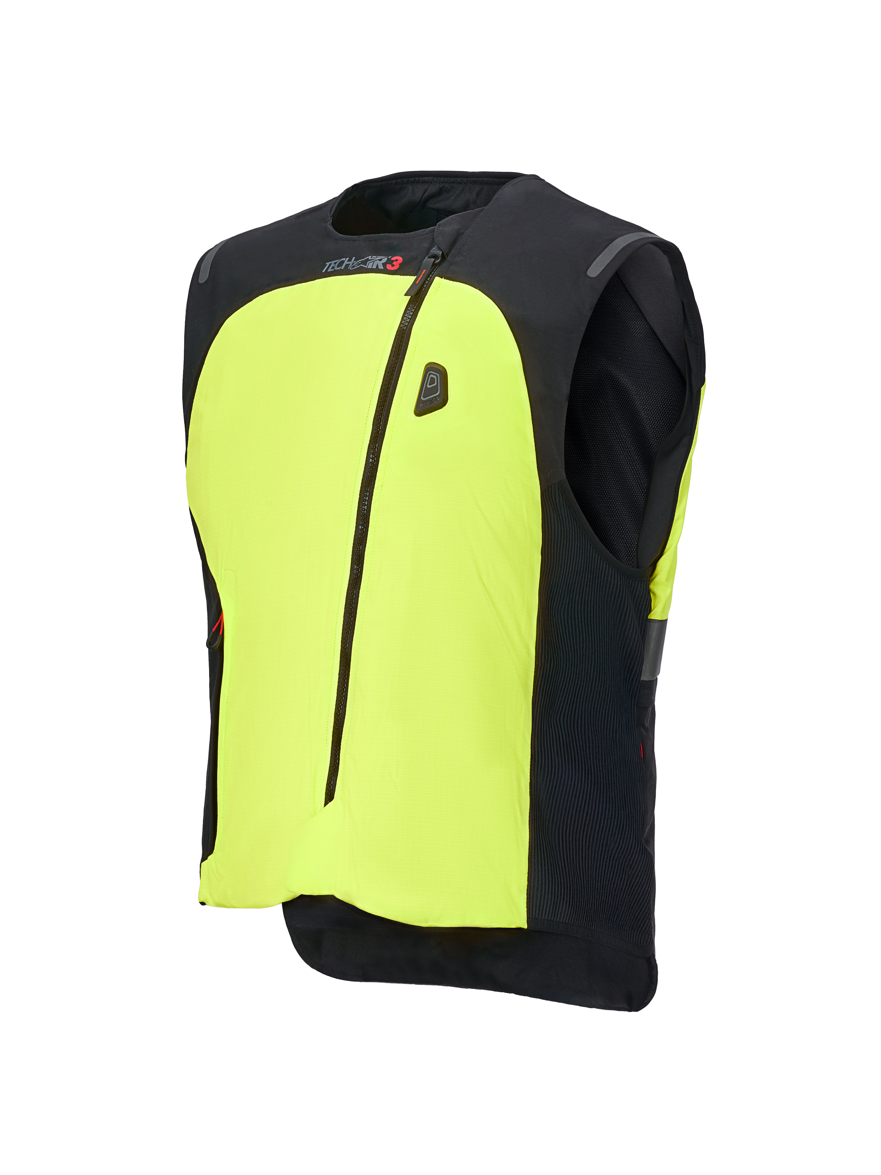 Alpinestars Tech-Air® 3 V2 Systeem, motor airbagvest, zwart en fluogeel, voorzien van een opvallend neongeel voorpaneel, centrale ritssluiting, geïntegreerd LED-statusdisplay en Tech-Air branding, lichtgewicht autonome airbagbescherming voor op de weg