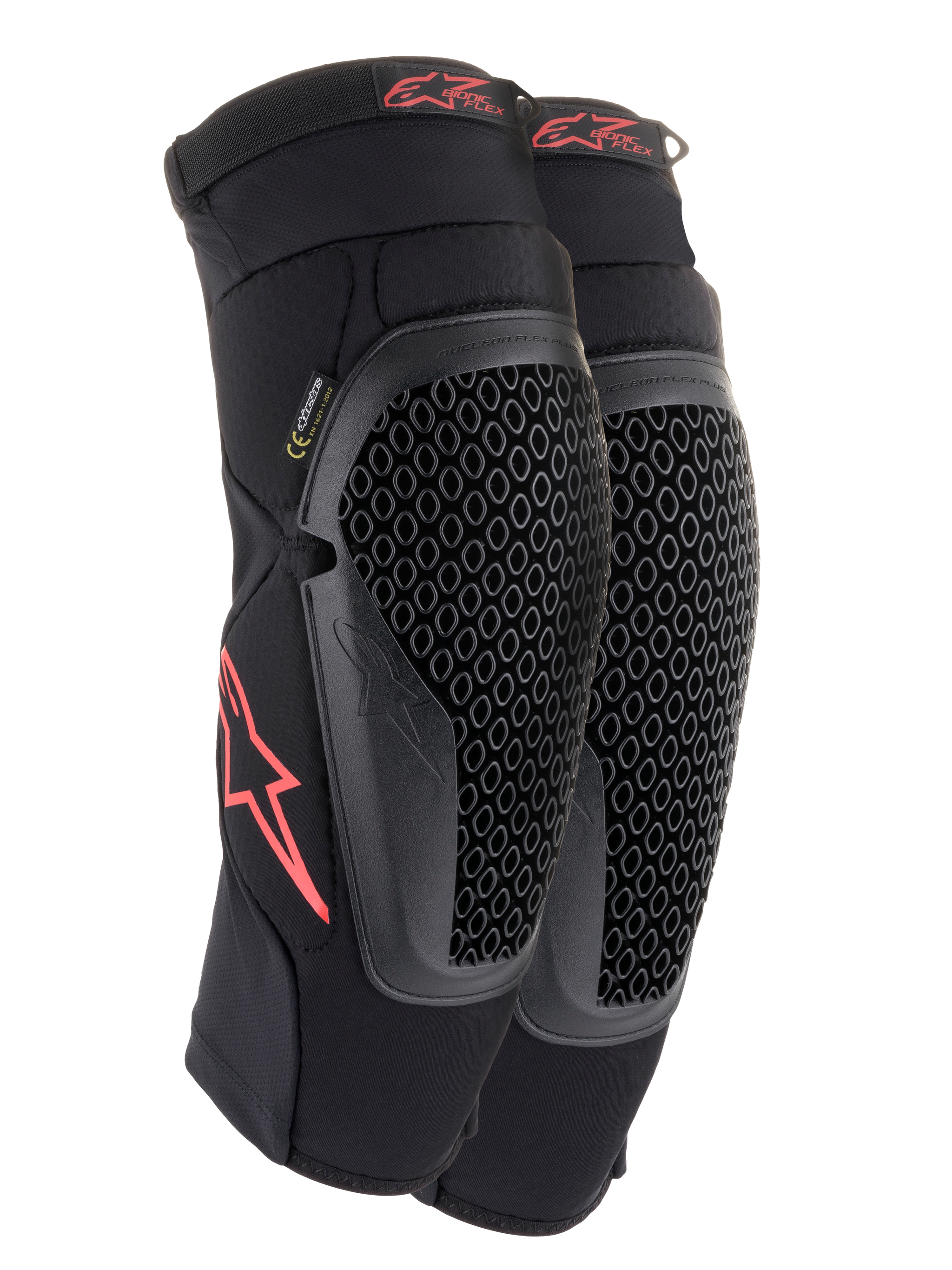 Alpinestars Bionic Flex Knee Protectors, Black and Red, pair of motocross knee guards featuring perforated Nucleon Flex Technology shields, red Astars logos, and elasticated straps on a breathable black mesh sleeve.