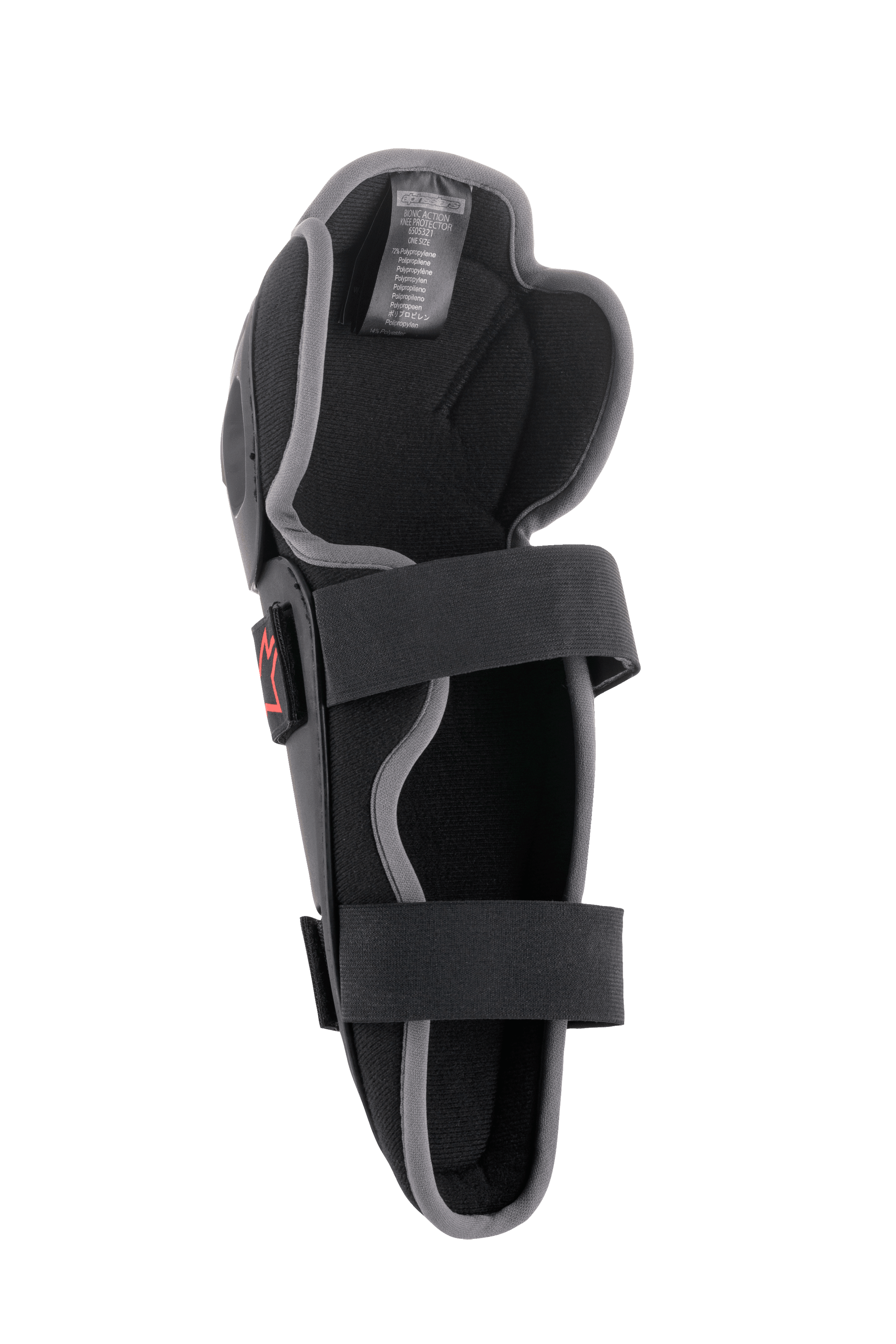 Alpinestars Bionic Action kniebeschermer, motorcross kniebescherming, zwart en grijs, binnenaanzicht met dubbel elastisch bandsysteem, schuimvulling en ergonomisch asymmetrisch ontwerp voor off-road rijden
