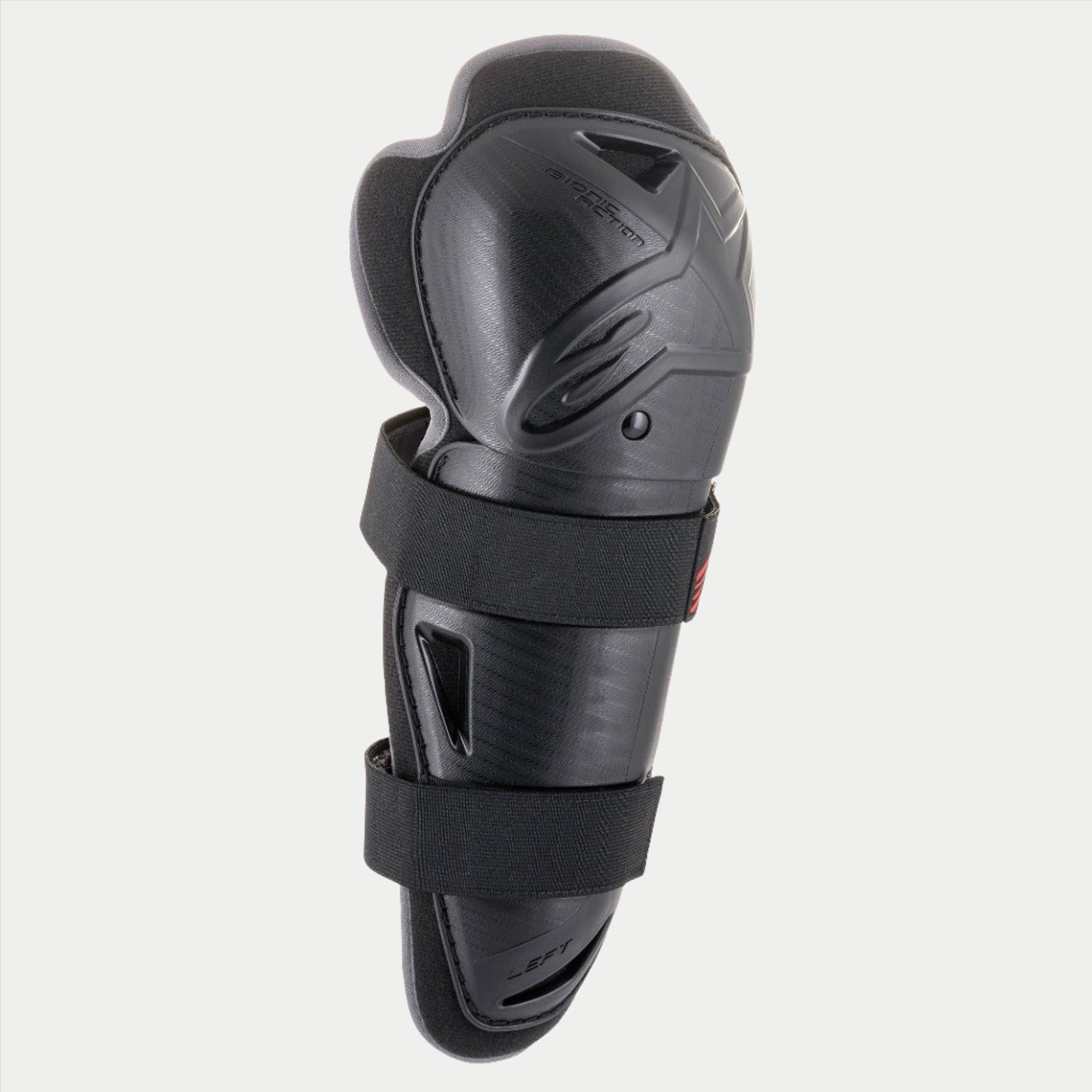 Alpinestars Youth Bionic Action kniebeschermer, zwart, enkele beschermer met dubbele elastische banden, ergonomische asymmetrische kunststof schaal met logo in reliëf, beschermende motorcross- en off-roaduitrusting voor jonge rijders