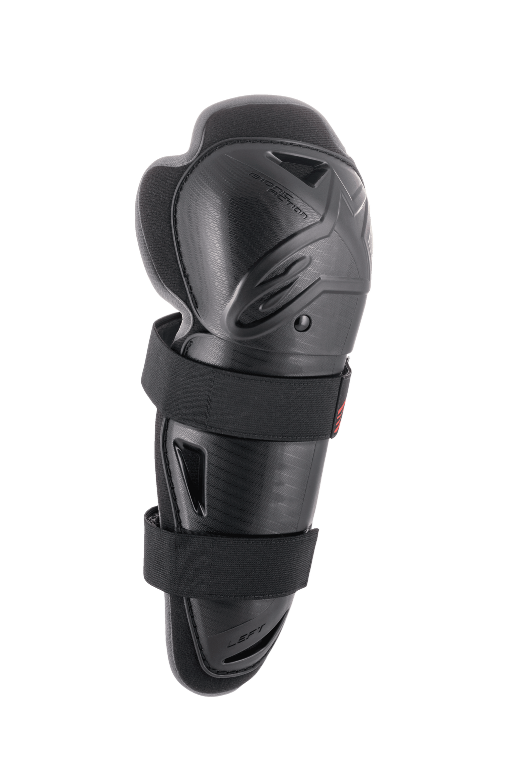 Alpinestars Bionic Action kniebeschermer, links, zwart, harde schaal met dubbele elastische riemen, geventileerd ergonomisch ontwerp met gevoerde vulling, impactbescherming voor motorcross en off-road
