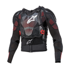 Alpinestars Bionic Tech V3 Protection Jacket, motorcycle body armor, black with white and red accents, featuring a perforated chest protector with a white star logo, adjustable red buckles, integrated shoulder and elbow guards, and a breathable mesh base layer